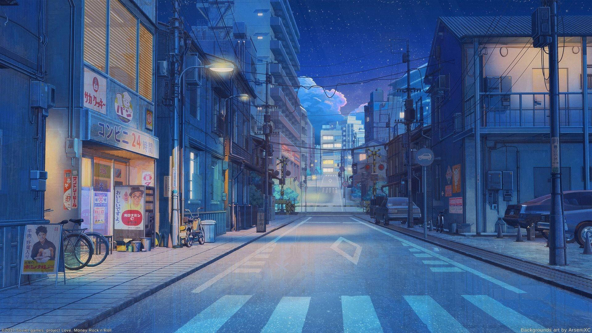 Blou Anime Tokio Straat Estetika Muurpapier