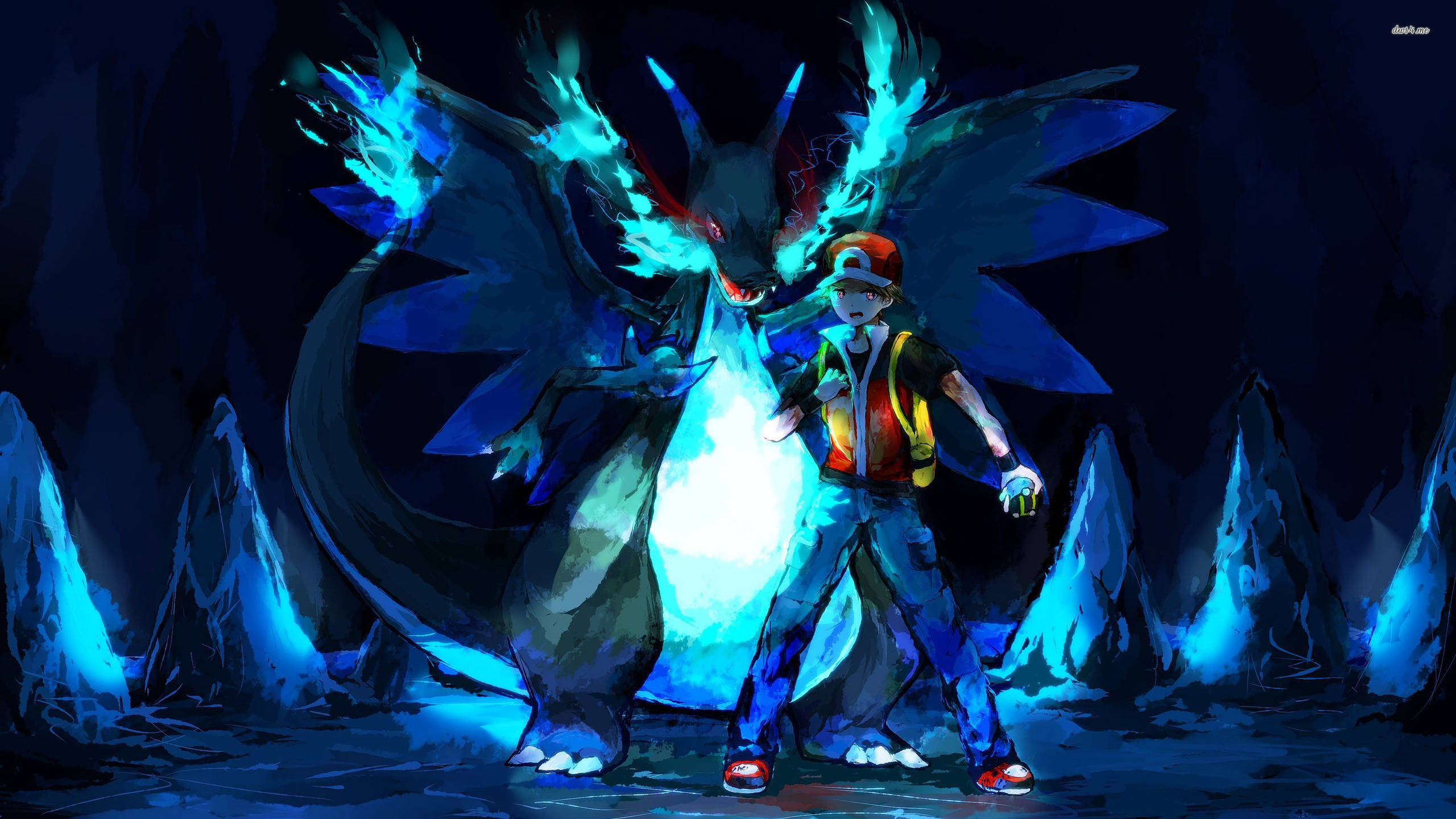 Blou Charizard Koel Pokémon saam met Ash Muurpapier