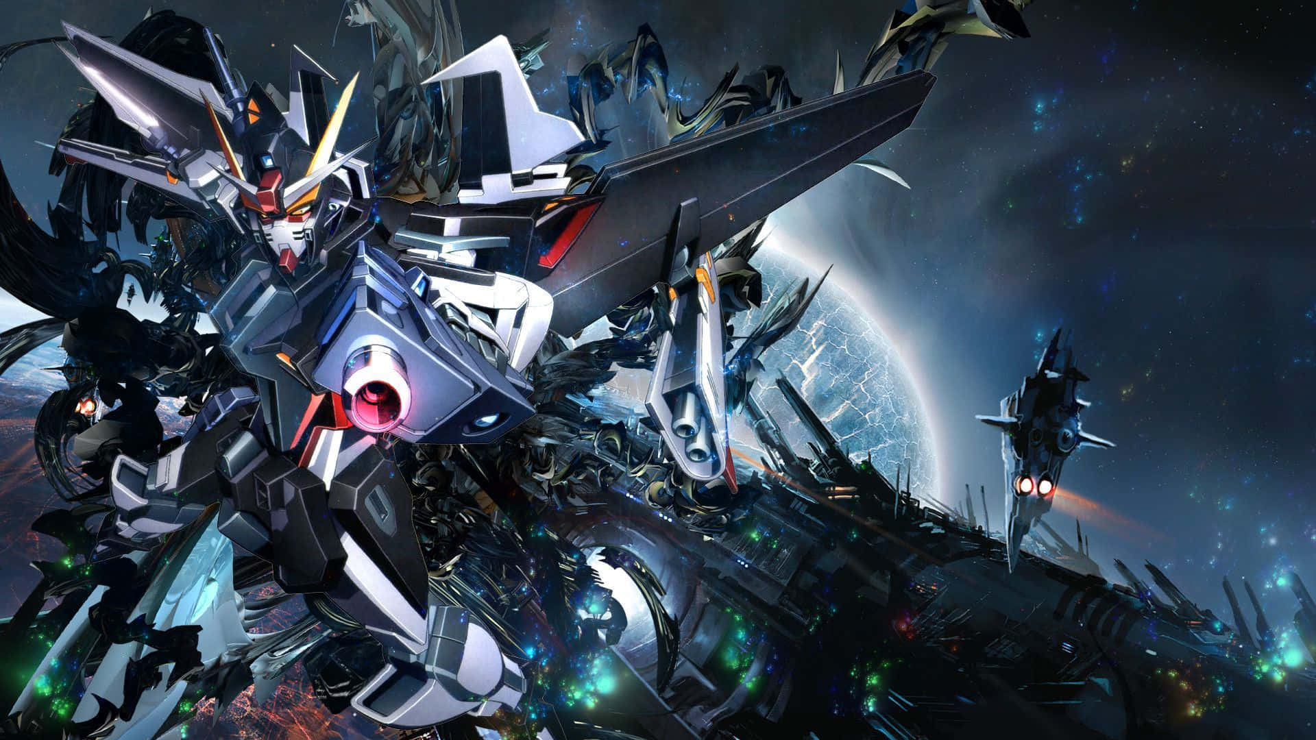 Blou Gundam-rekenaarskerm Muurpapier