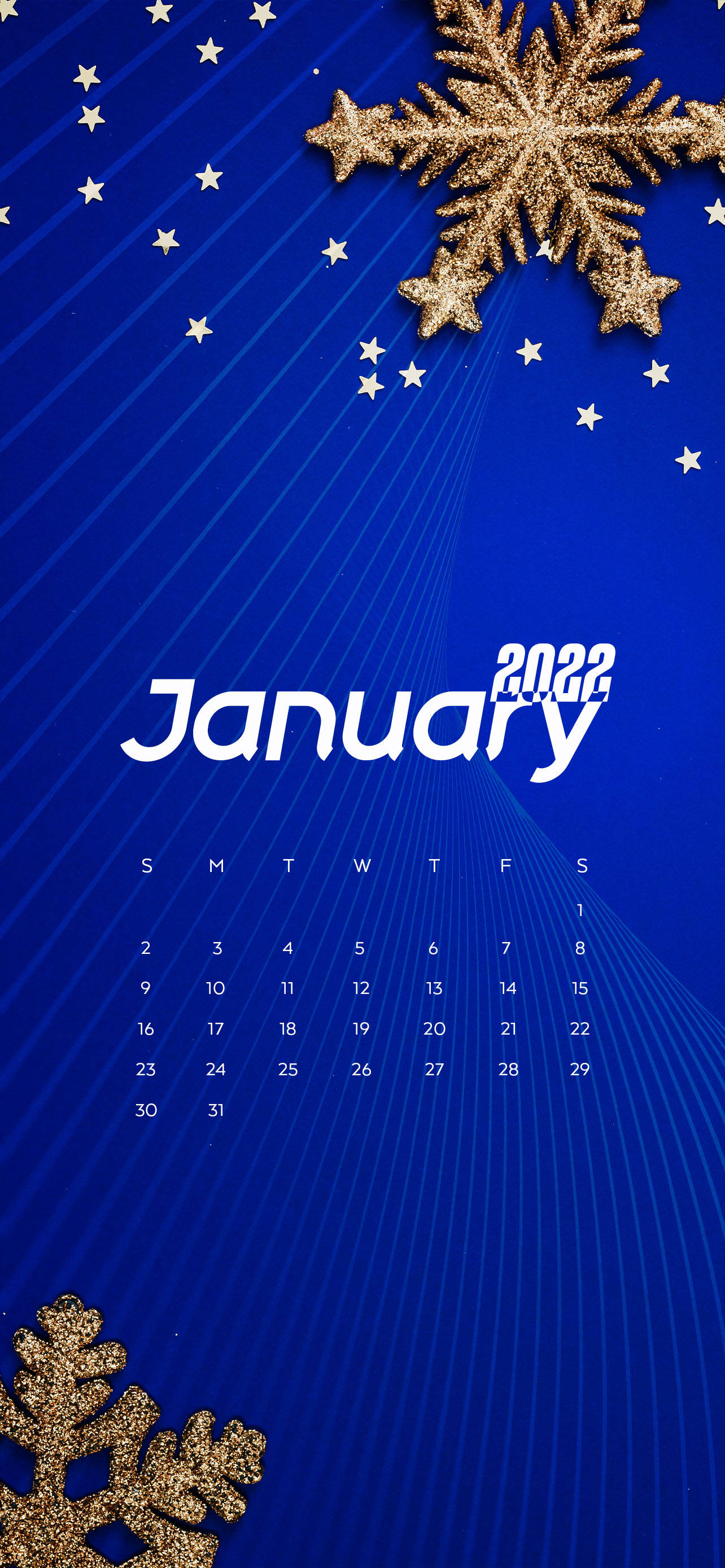 Blou Januarie 2022 Sneeuvlok Kalender Muurpapier