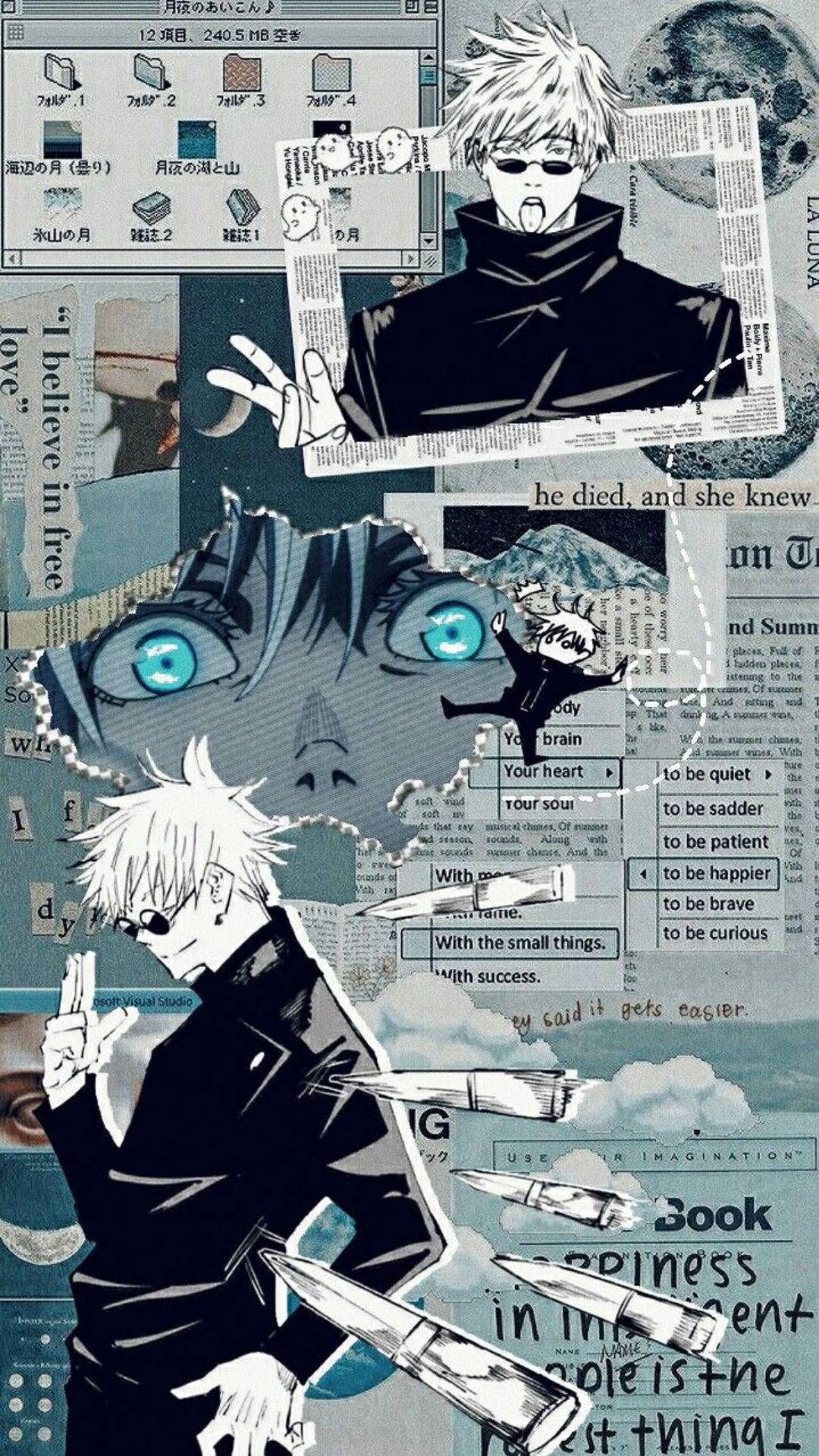 Blou Satoru Gojo Plakboek Collage Jujutsu Kaisen Foon Muurpapier