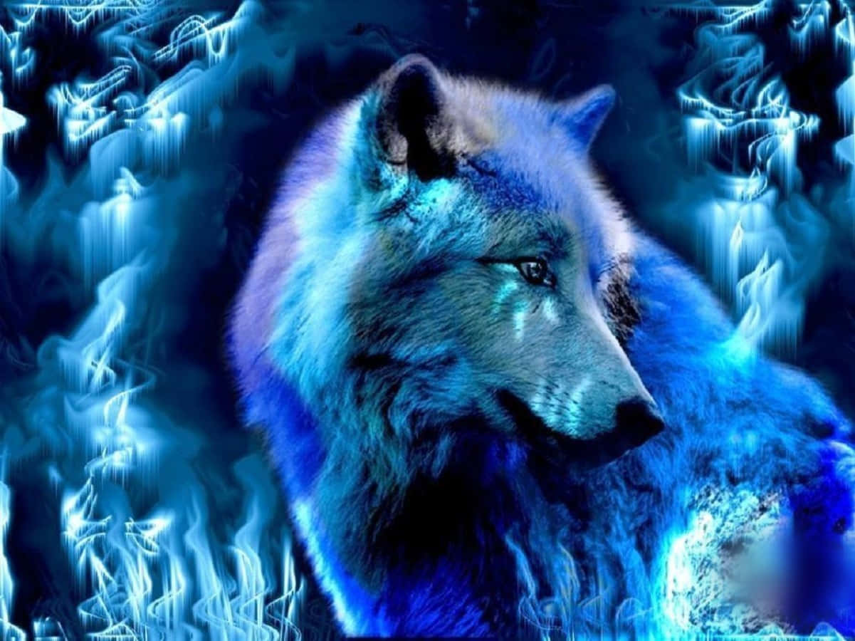 Blou Vuur Wolf wat Agtertoe Kyk Muurpapier