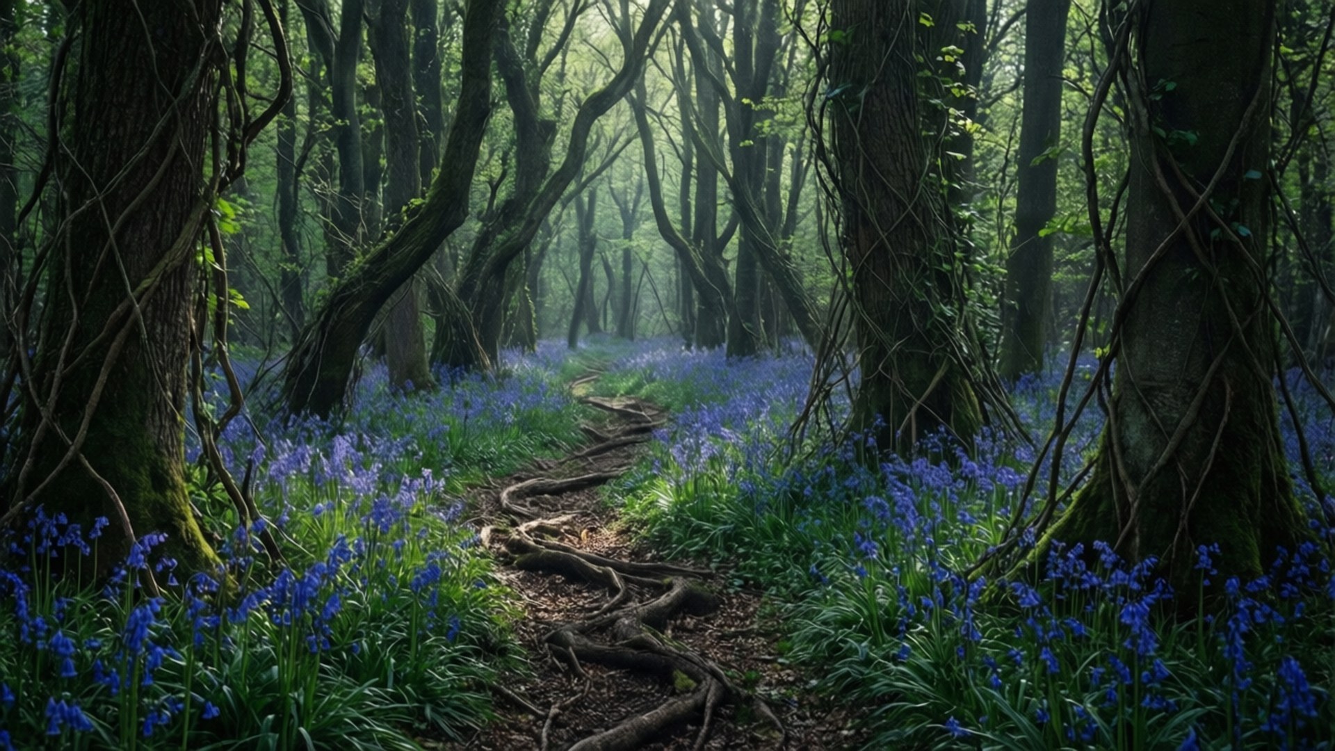 Blouklokkiesroete in Donker Bos Muurpapier