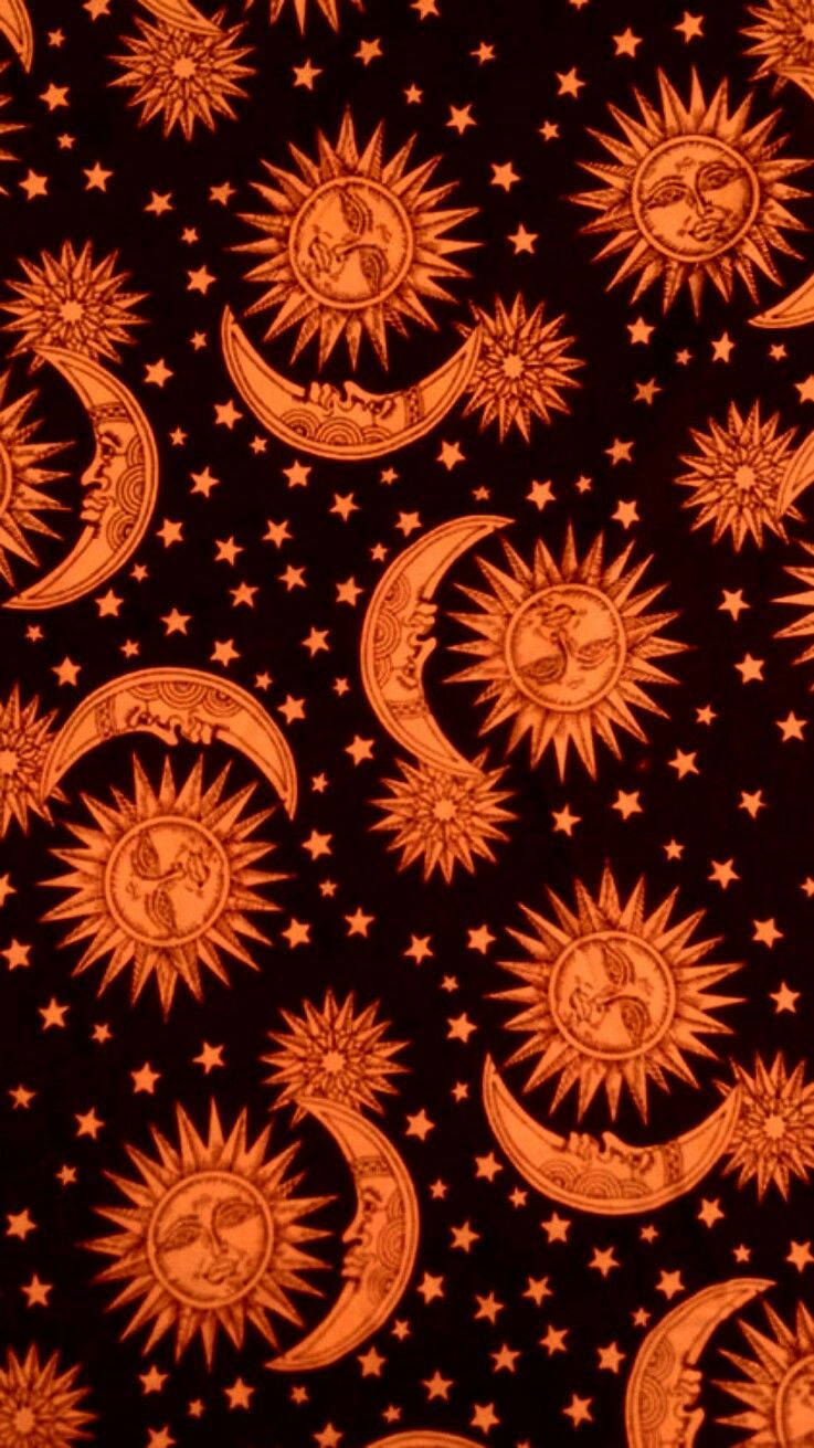 Boho-estetiese Oranje Son en Maan Muurpapier
