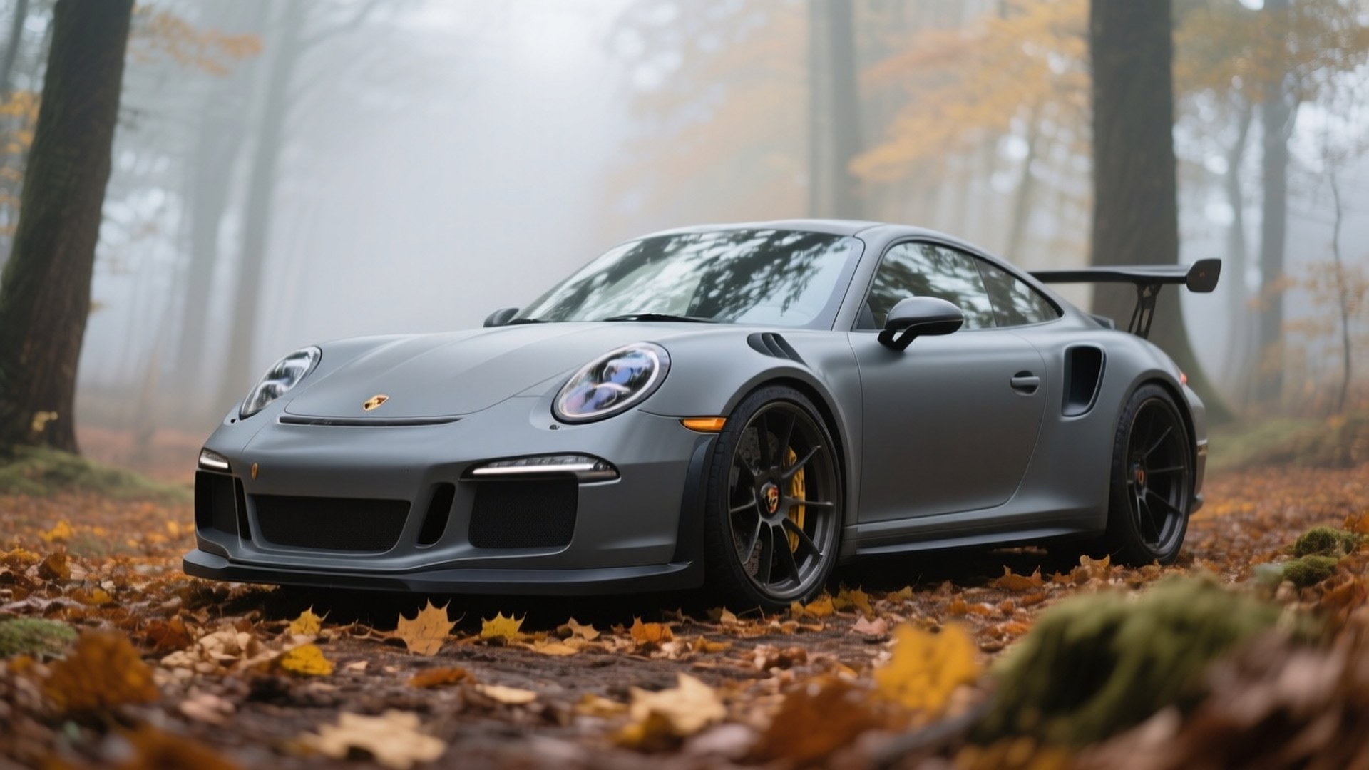 Matgrys Porsche 911 GT3 RS in herfsbos — Koel motors Muurpapier