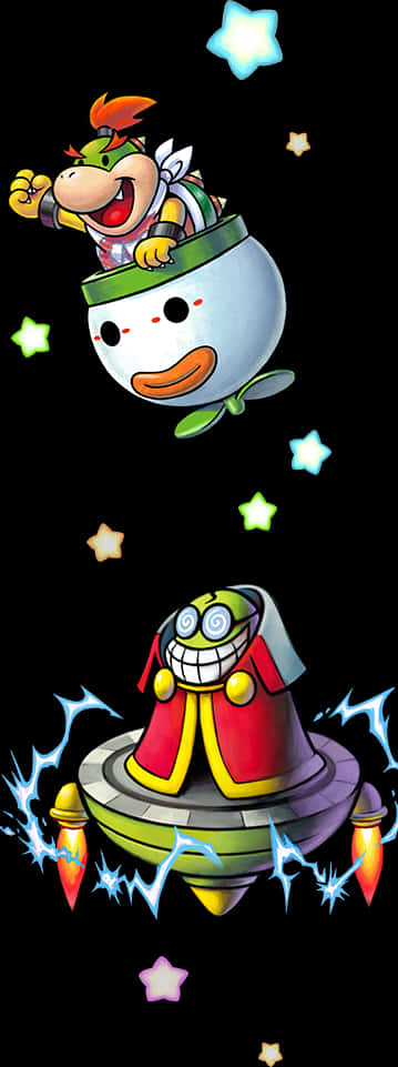 Bowser Jr. in Koopa Clown Car en Vlieënde Piering Muurpapier