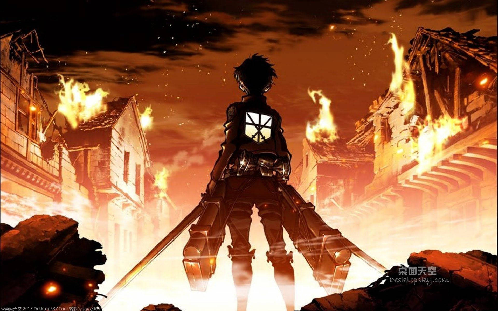 Eren wat die brandende dorpshuise in die gesig staar in Attack on Titan-kunsagtergrond. — Attack On Titan Muurpapier