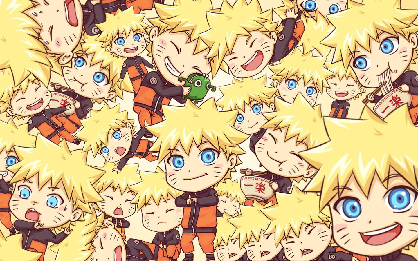 Naruto en skaduwee klone in oulike chibi-weergawe agtergrond.