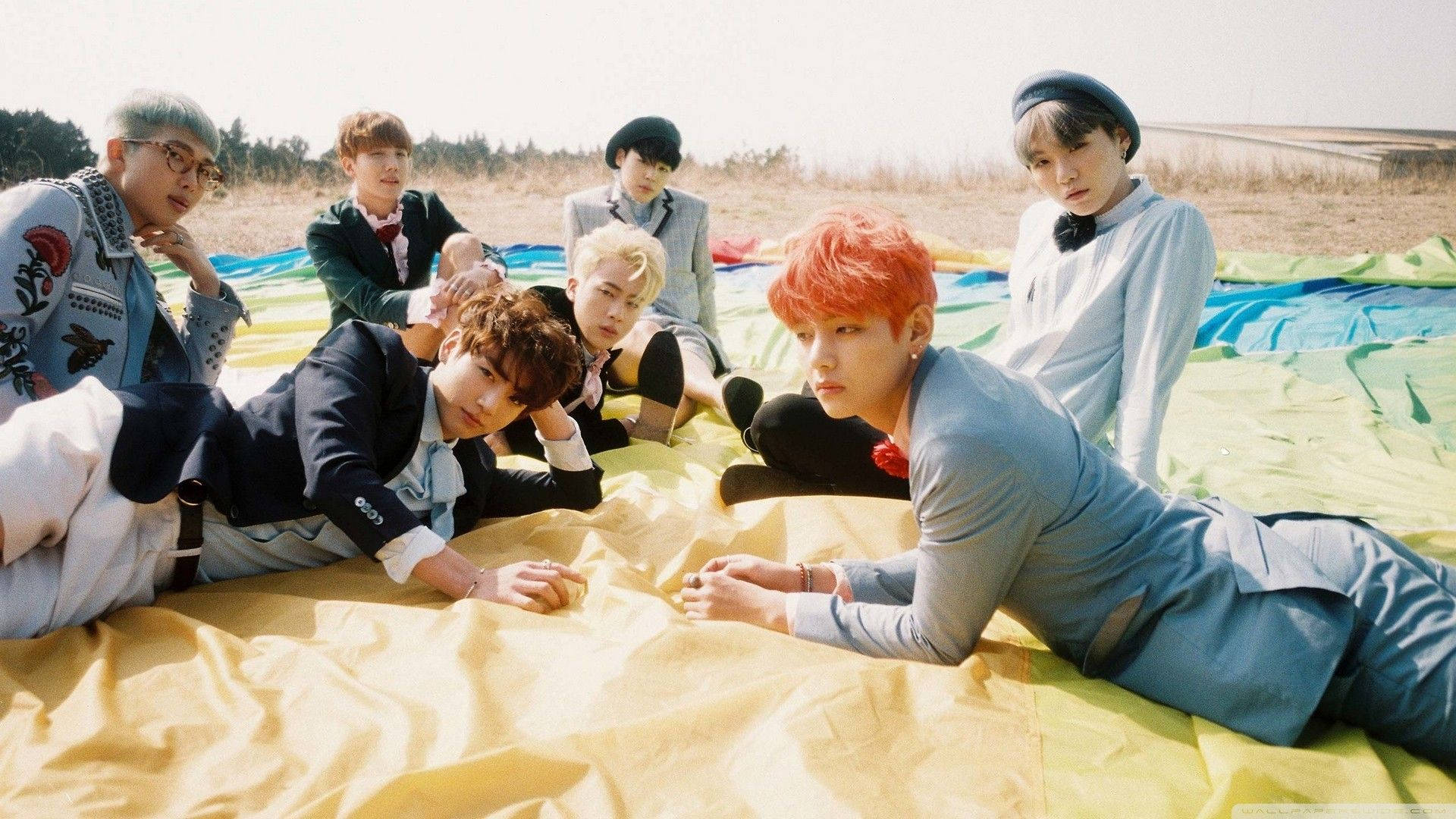 BTS Lê Op Veld Met Skootrekenaar Muurpapier
