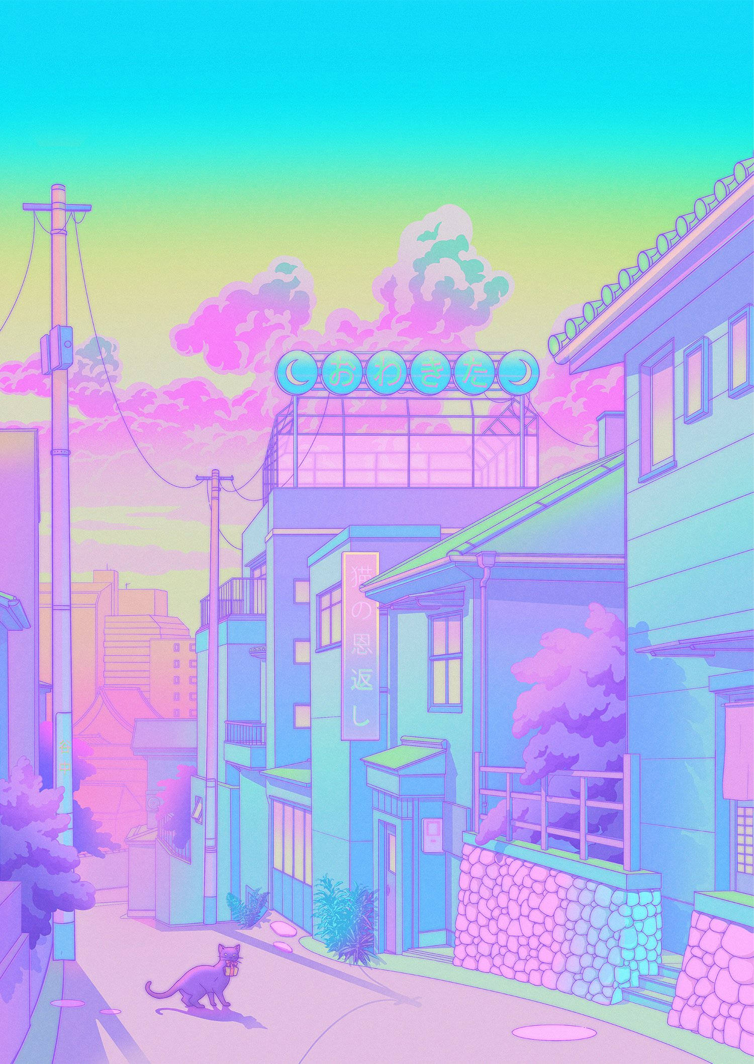 Buurtkat in 'n Pastel Japannese Estetika Muurpapier