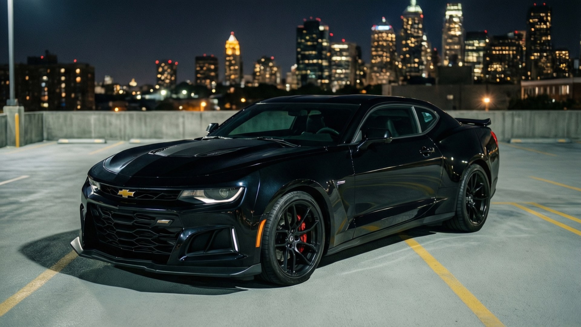 'n Swart Camaro ZL1 staan op 'n dakparkeerterrein met die stadshorison in die nag. — Koel motors Muurpapier
