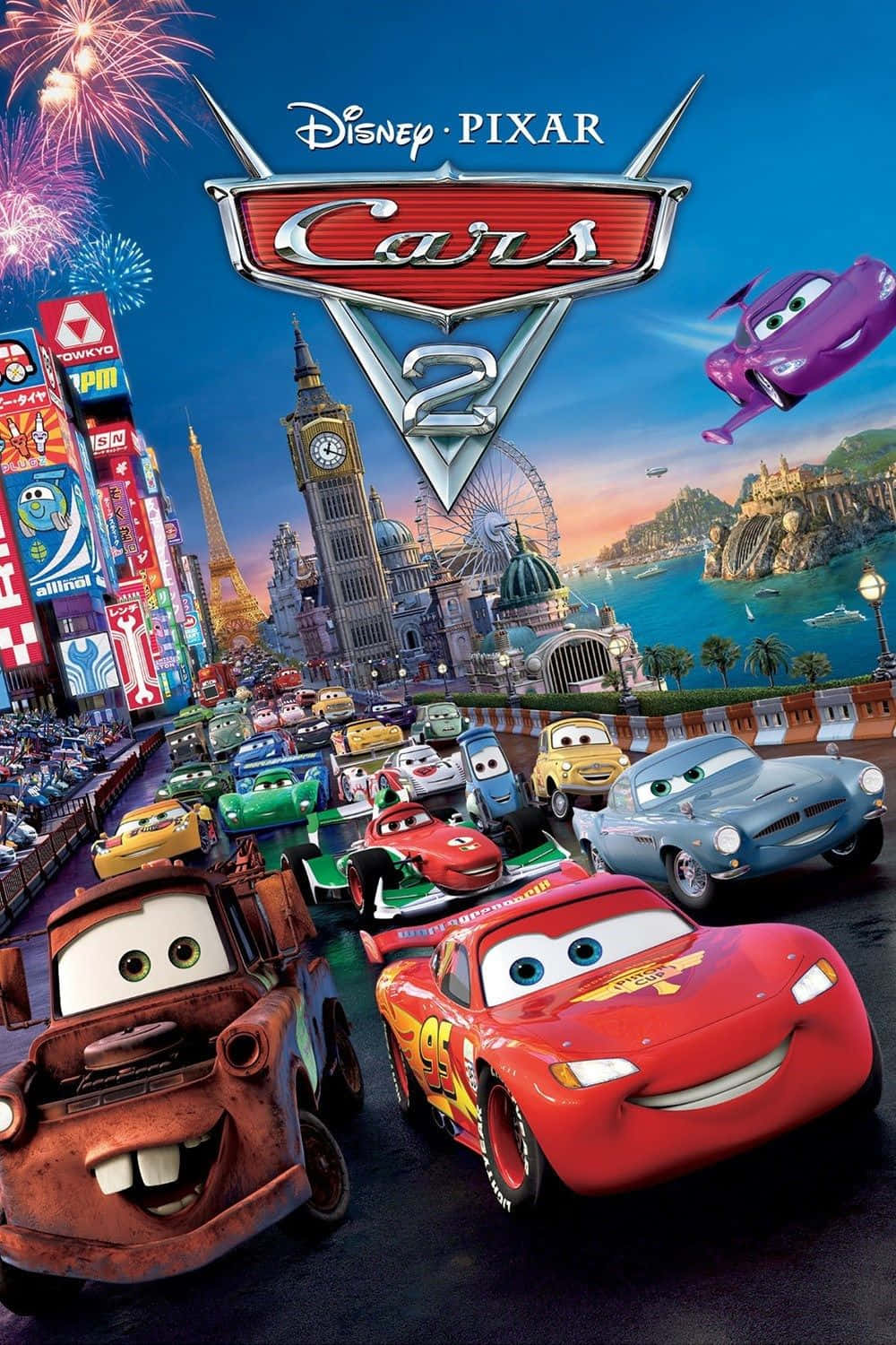 Cars 2-fliekplakkaat met motors en vuurwerke Muurpapier