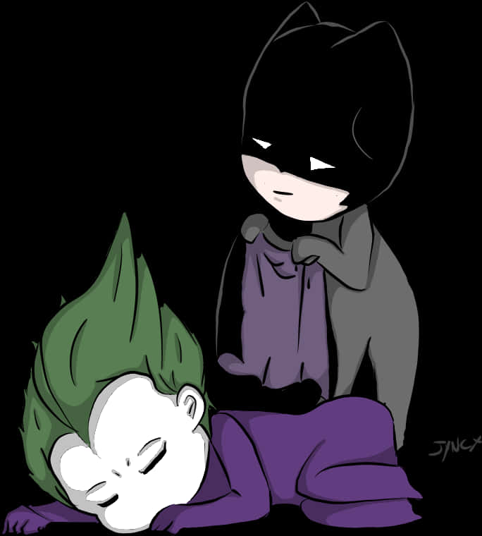 Chibi Batman en Slapende Joker Muurpapier
