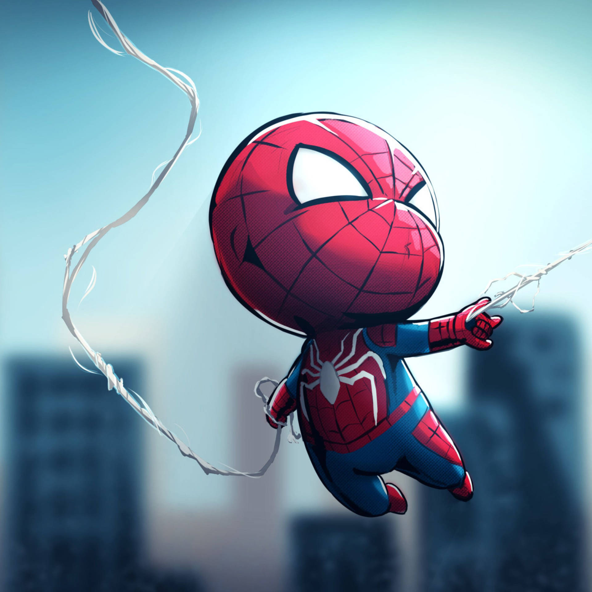 Chibi Spiderman ballon met groot kop en vetterige maag wat aan sy spinnekopweb superkragte vashou terwyl hy daaraan hang.