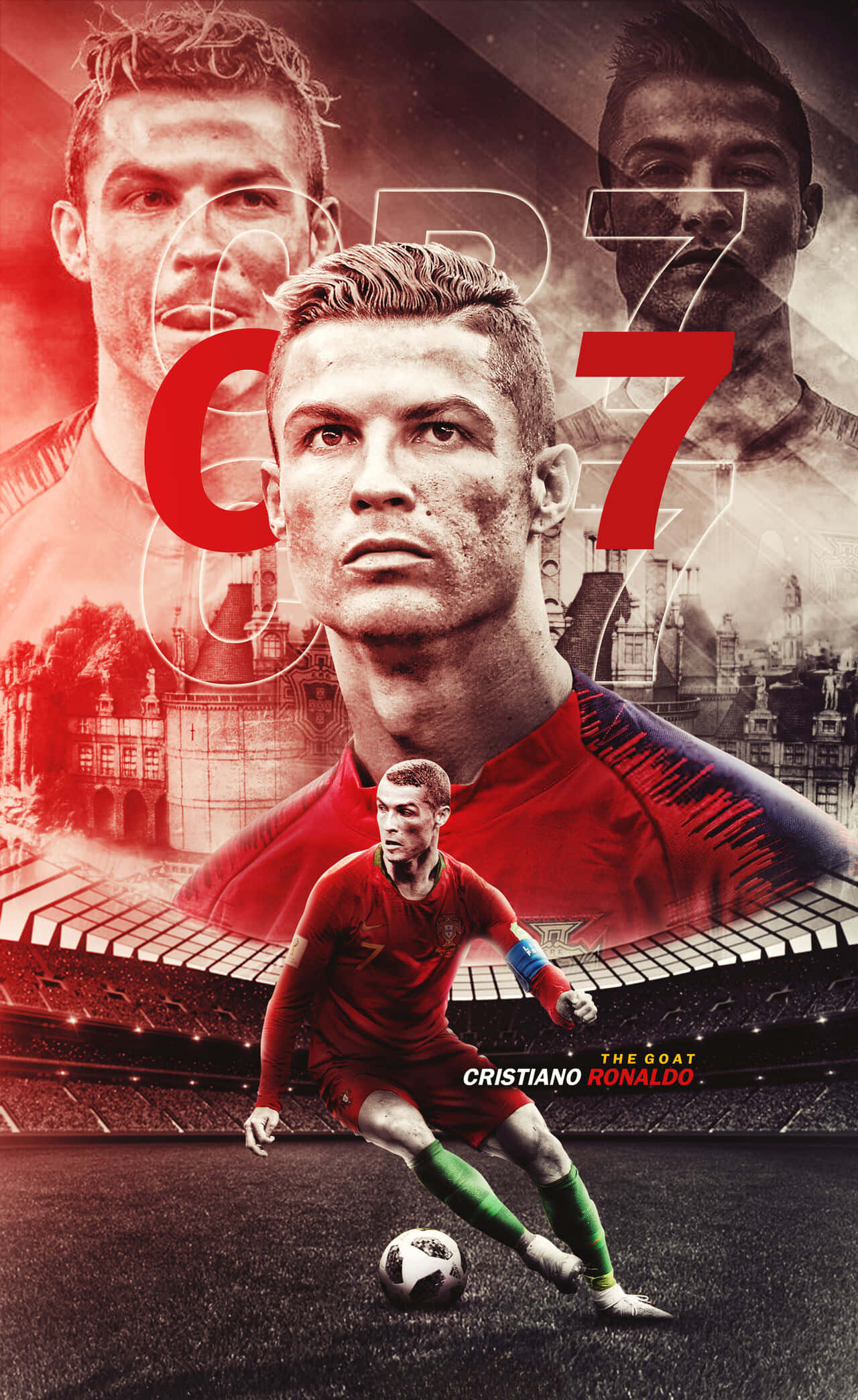 Cristiano Ronaldo wat selfversekerd poseer op die sokkerveld Muurpapier