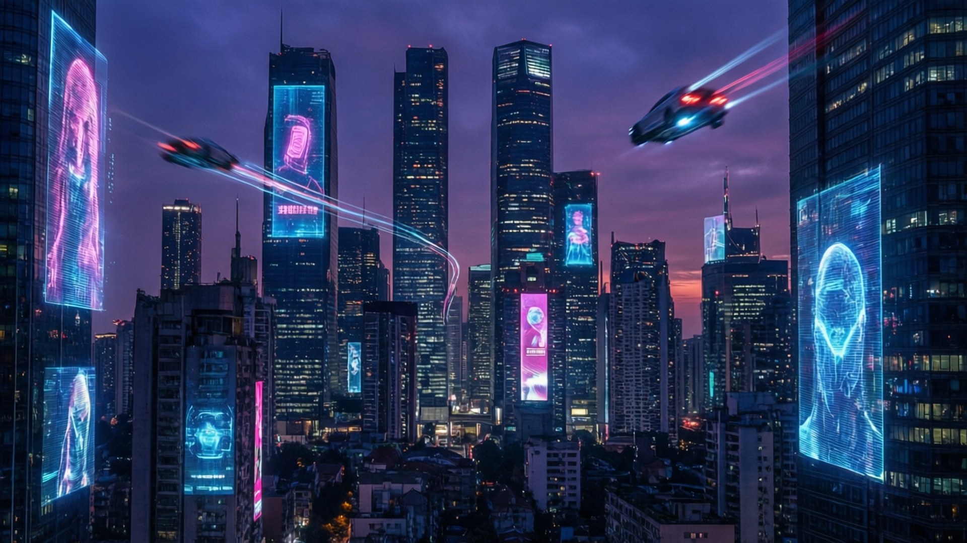 Cyberpunk Skyline Skemer Muurpapier