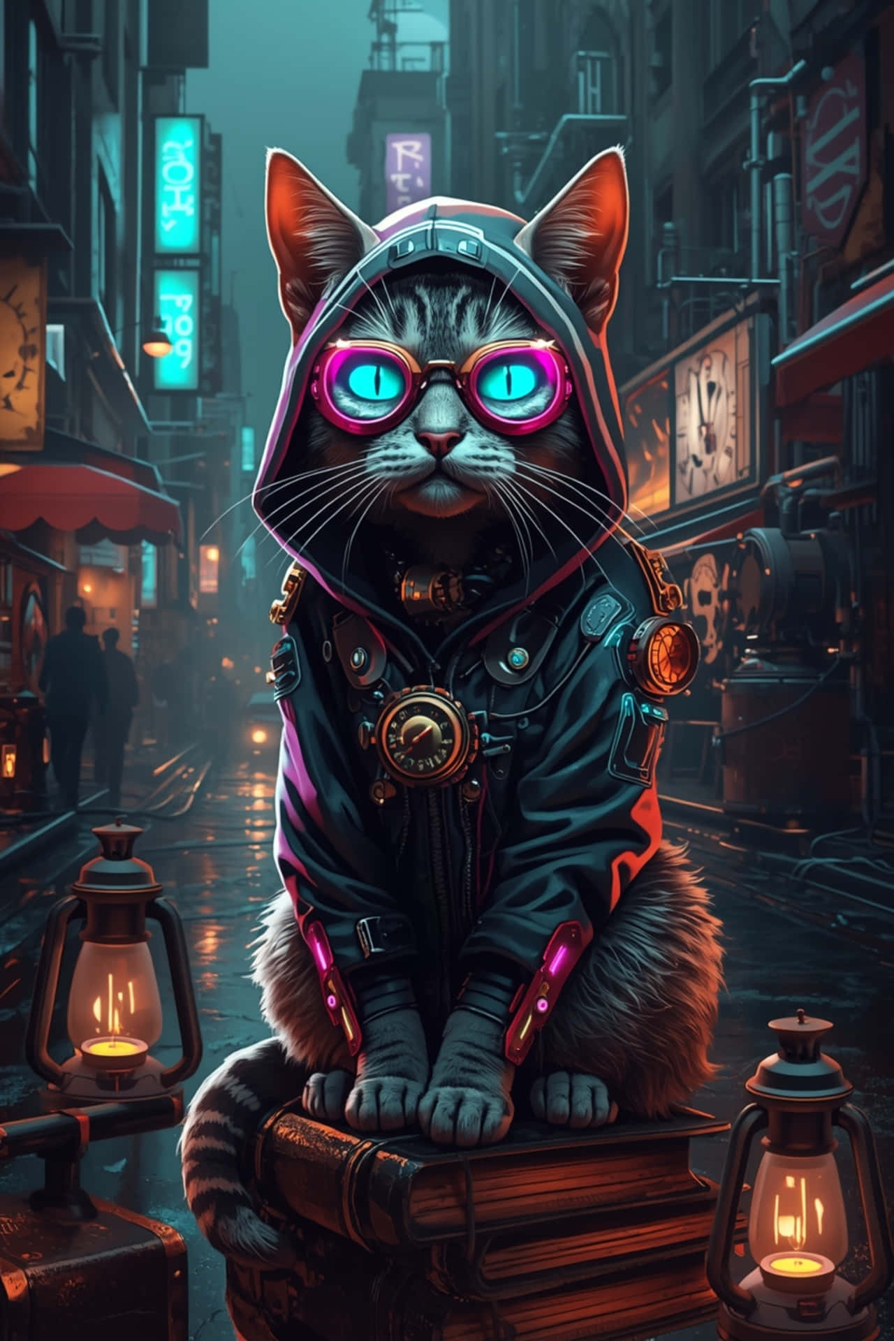 Cyberpunk Steampunk KatNeon-bril & Kapstrop Tegnologie Muurpapier