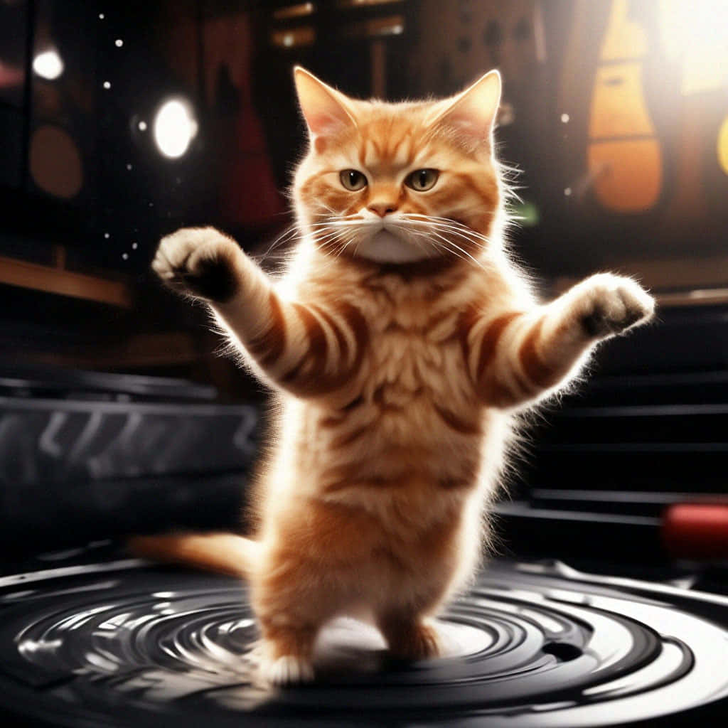 Dansende oranje tabby kat op vinielplaat Muurpapier