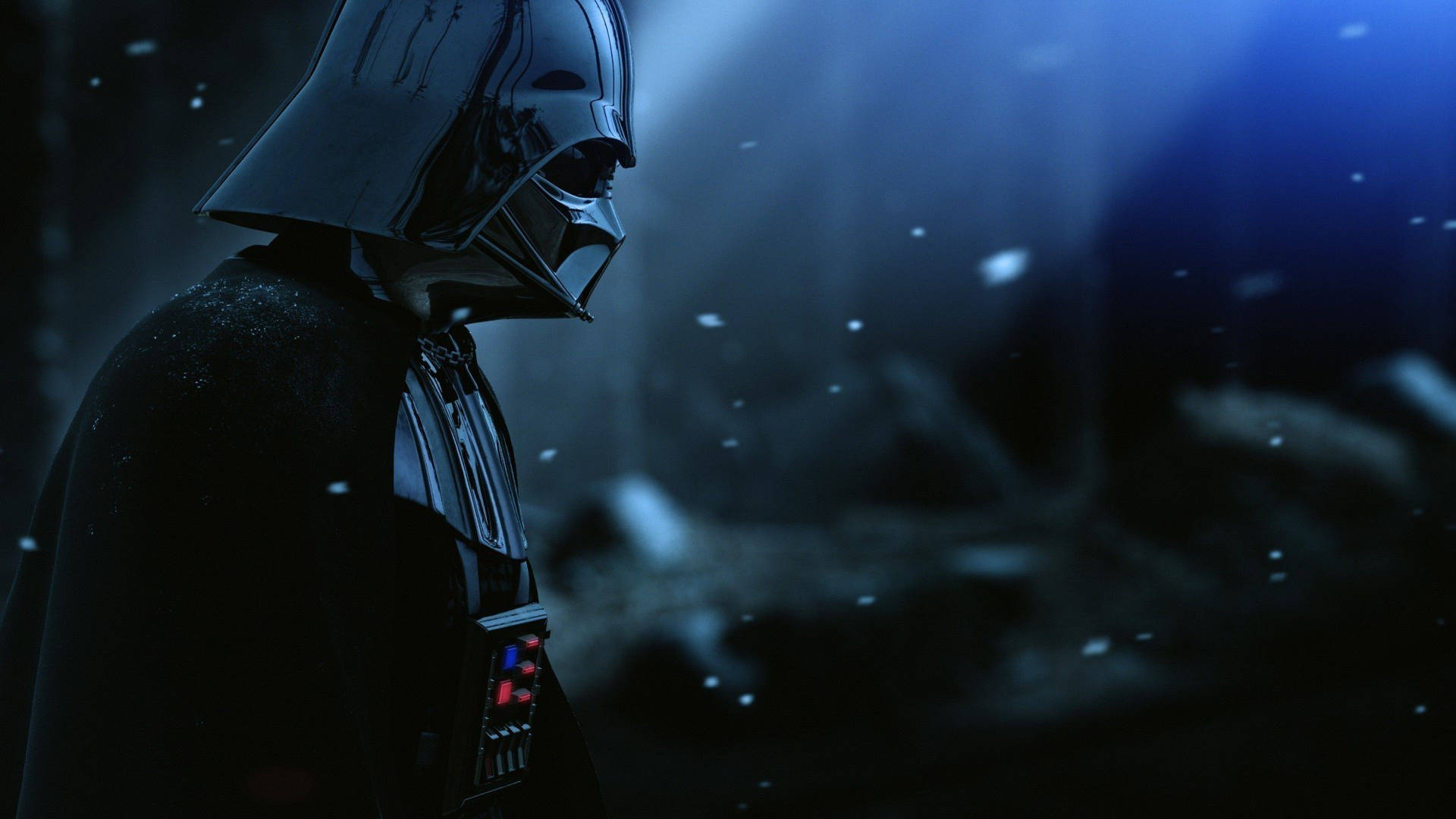 Star Wars-agtergrond van Darth Vader wat in profiel staan met 'n sneeubedekte swart agtergrond. — Star Wars Muurpapier