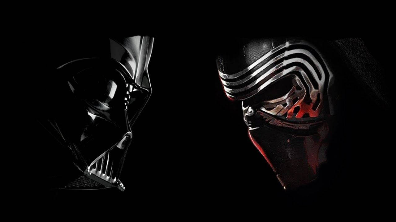 Star Wars-karakters wat mekaar in die gesig staar op 'n swart agtergrond. — Star Wars Muurpapier
