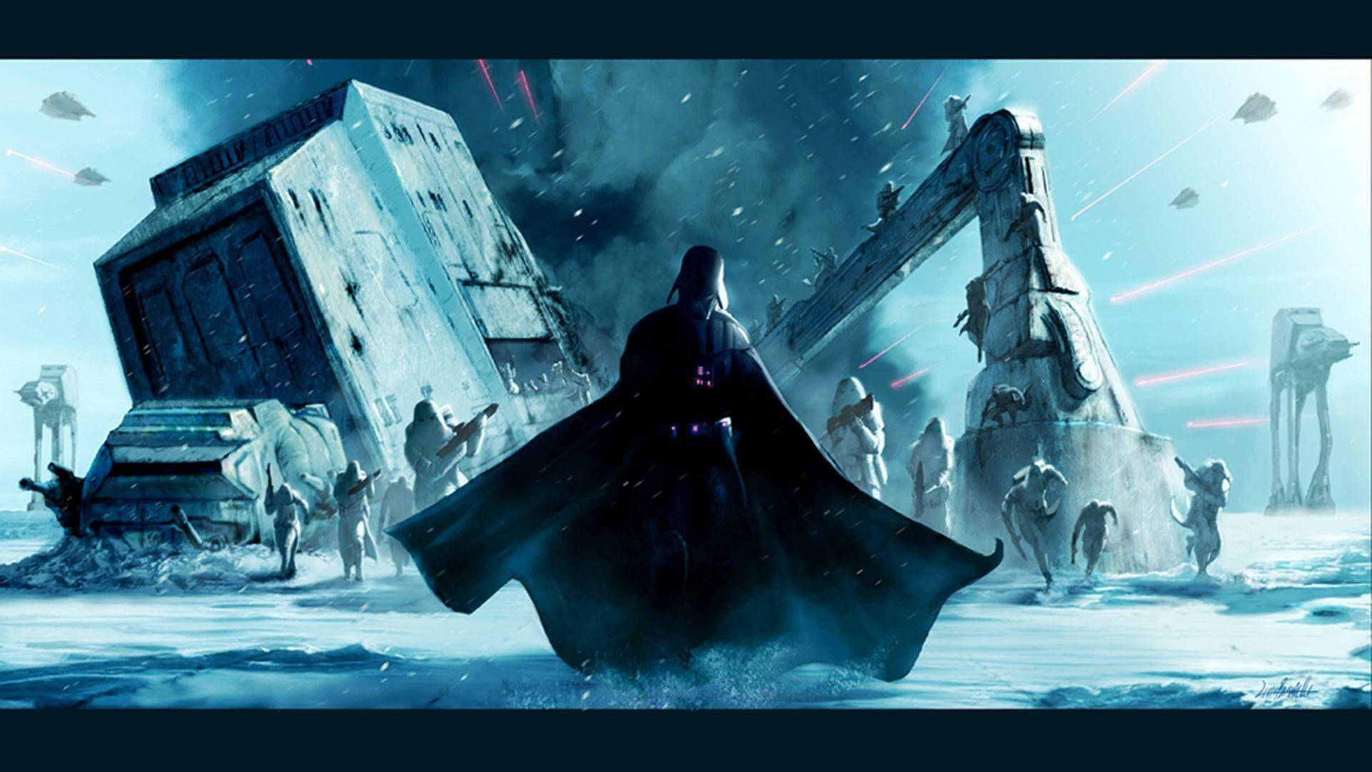 Star Wars-agtergrond van Darth Vader wat op 'n verwoeste stadplaneet staan. — Star Wars Muurpapier