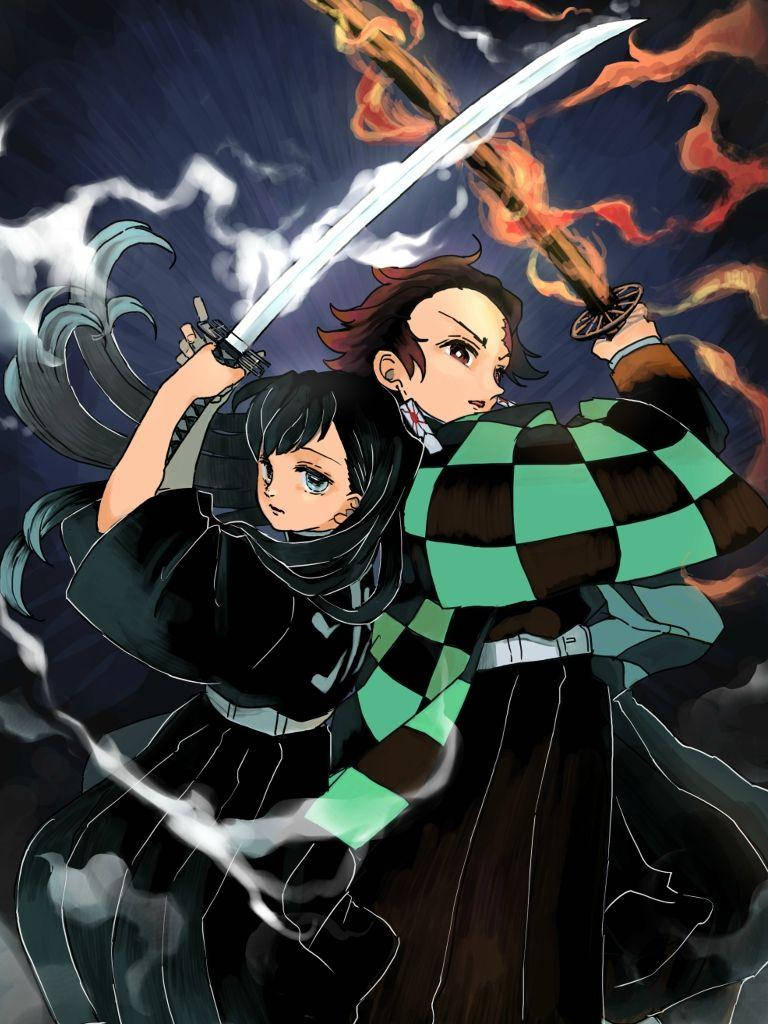 Demon Slayer Foon Tanjiro en Muichiro Muurpapier