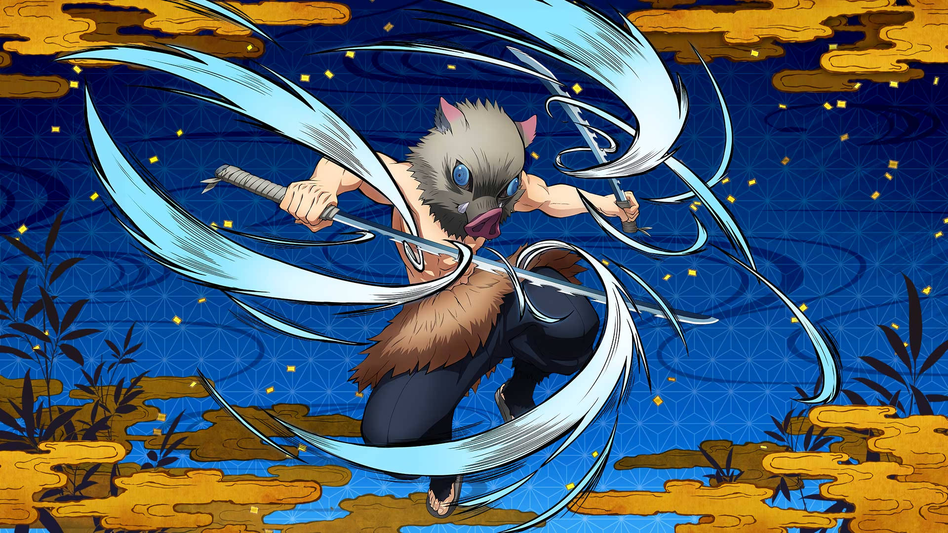 Demon Slayer Inosuke Water Swirls Op Sy Swaarde Muurpapier