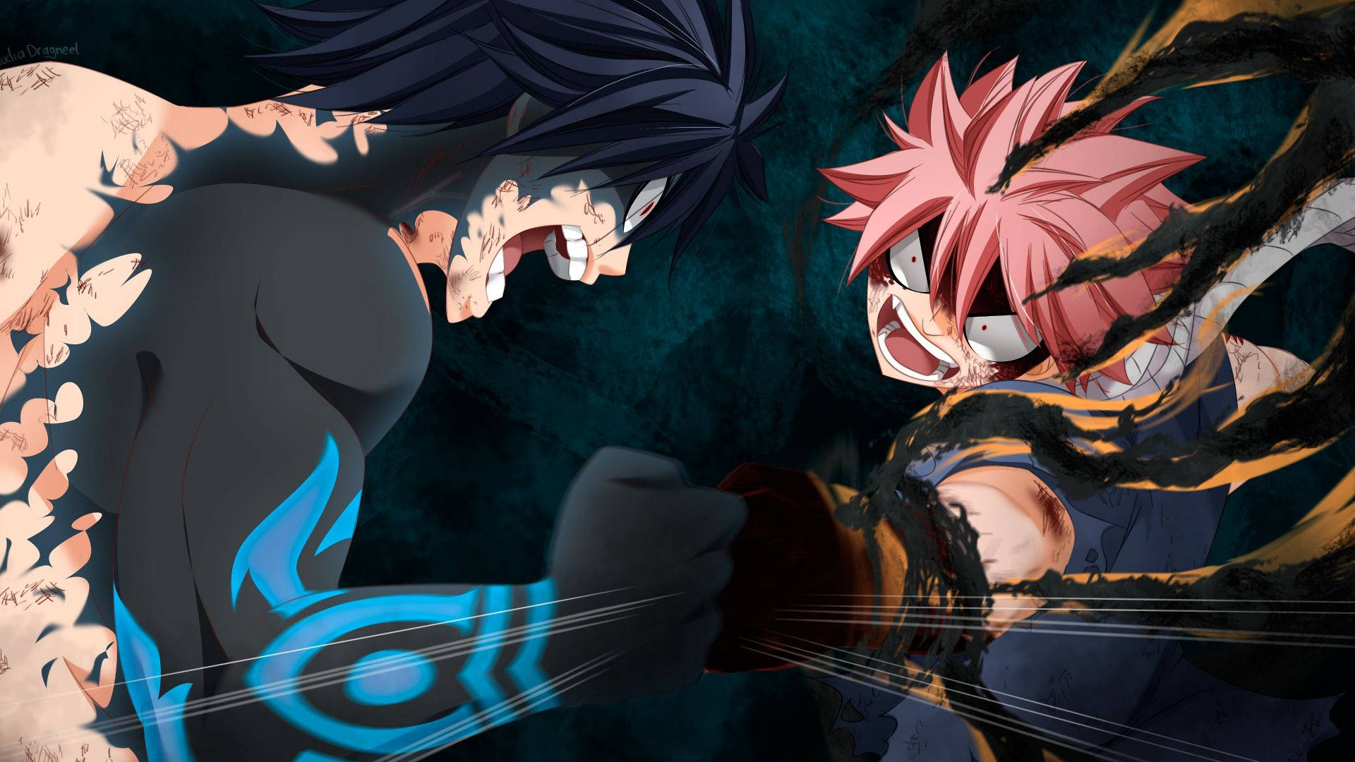 Demon Slayer-agtergrond van Natsu Dragneel wat veg met Gray Fullbuster van Fairy Tail.