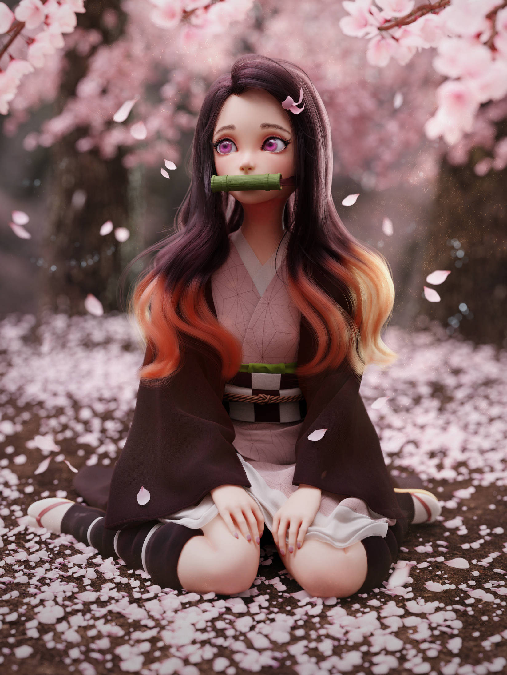 Demon Slayer Nezuko 3D Beeld Muurpapier