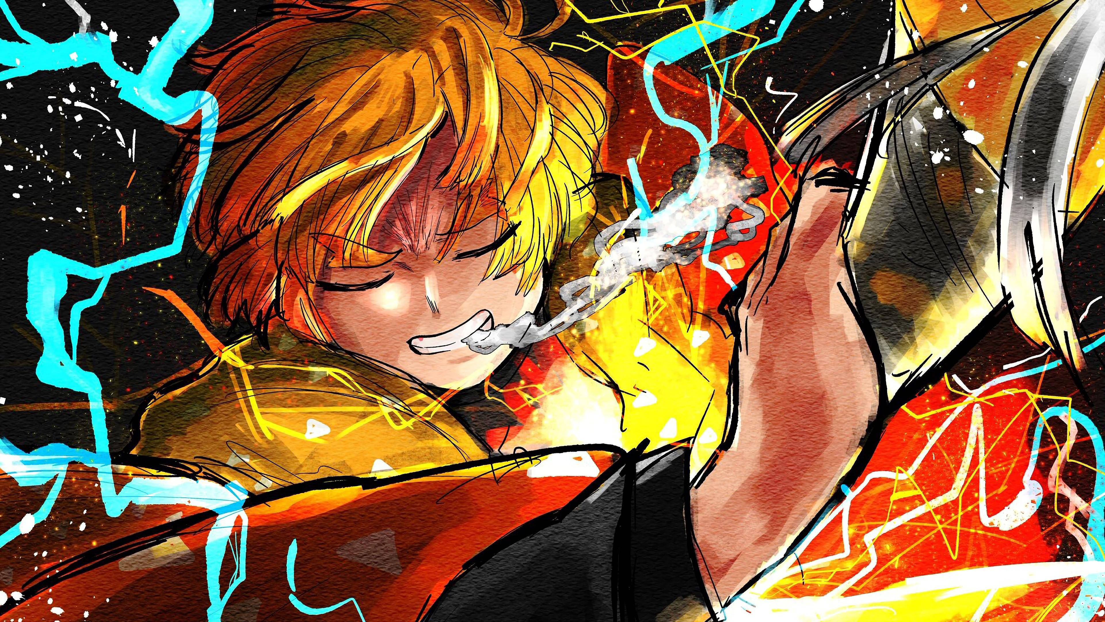Demon Slayer Zenitsu Digitale Kuns Muurpapier