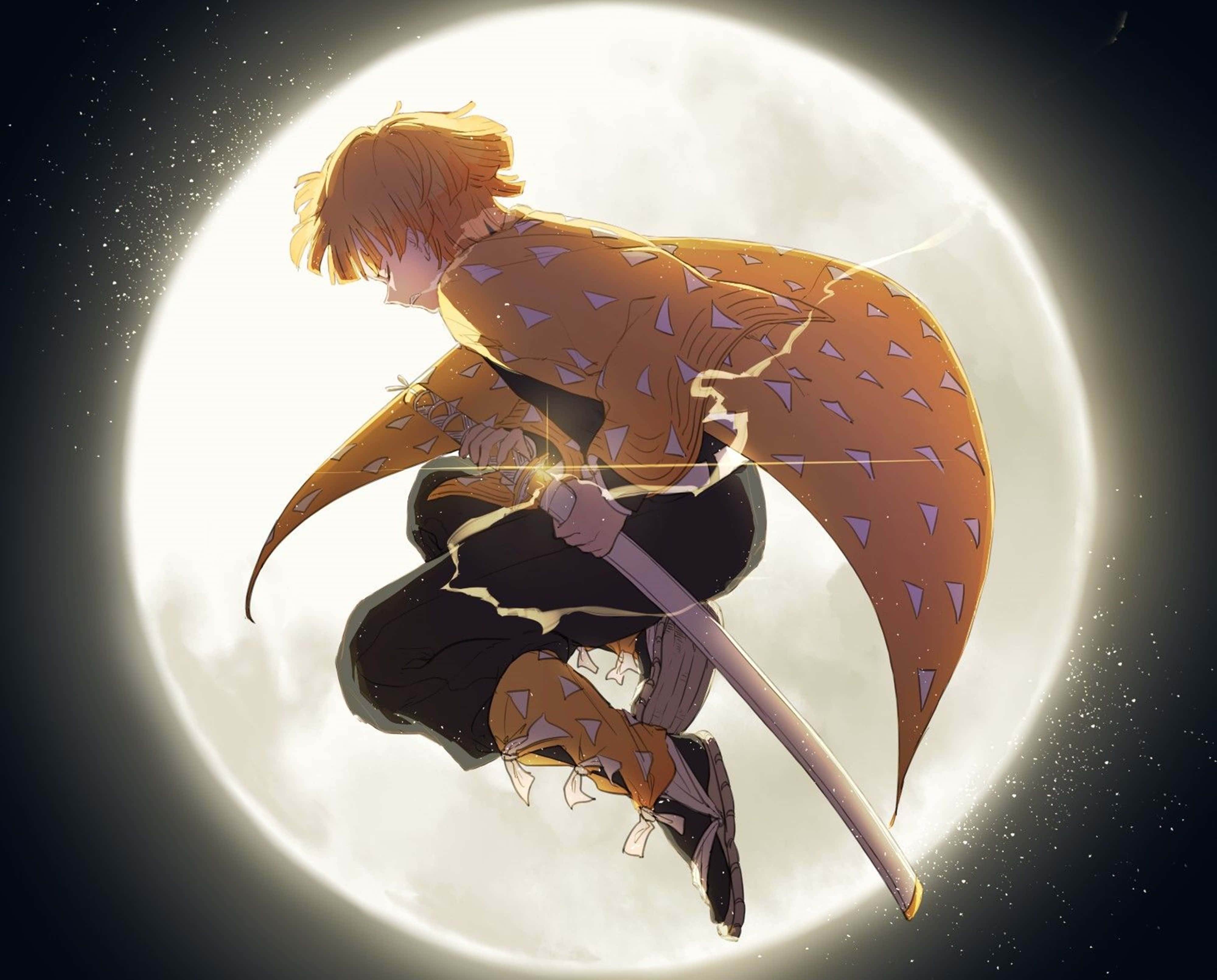 Demon Slayer Zenitsu Gesentreer in die Maan 4K Muurpapier