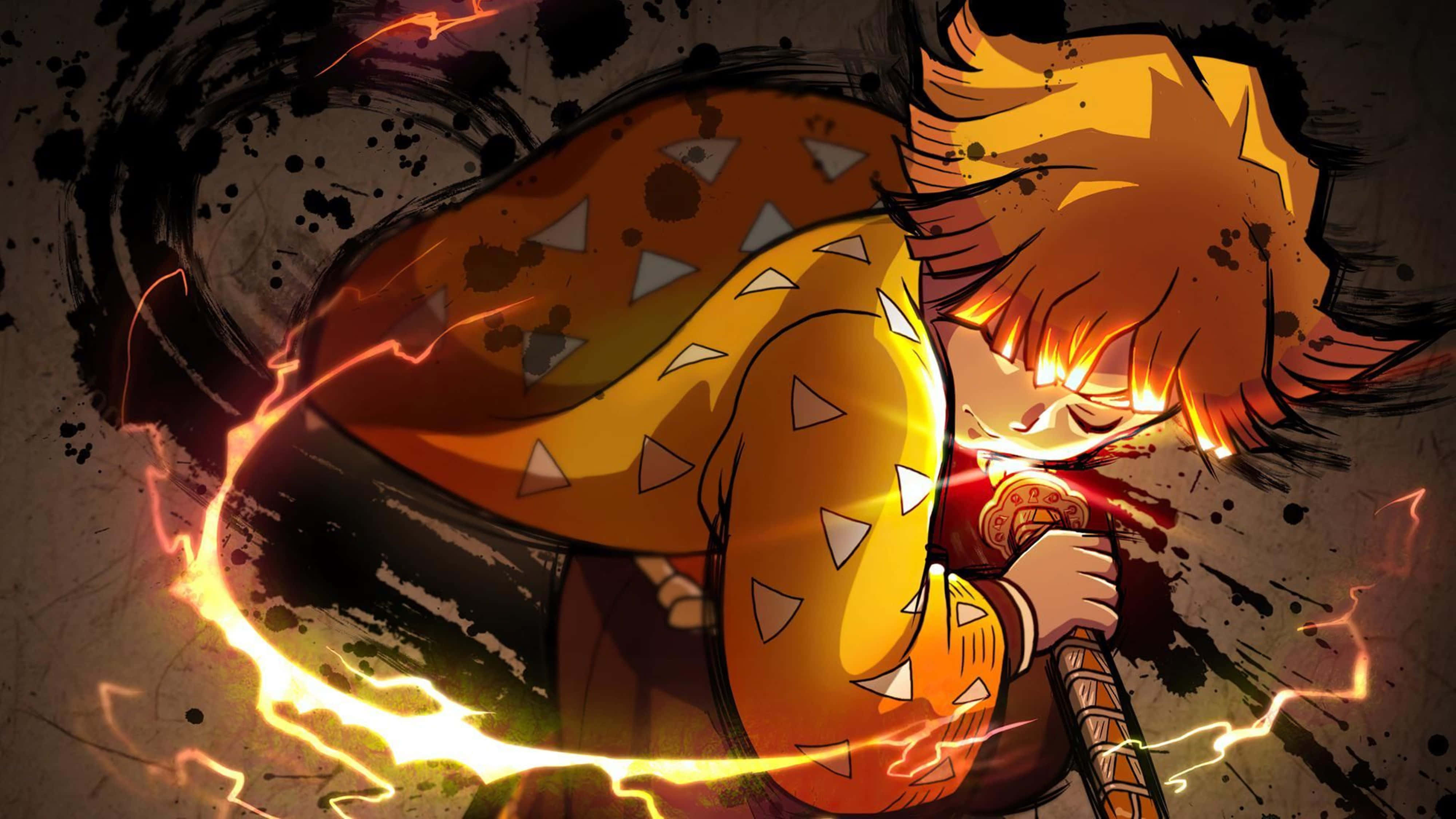 Demon Slayer Zenitsu wat die bose verslaan 4K Muurpapier