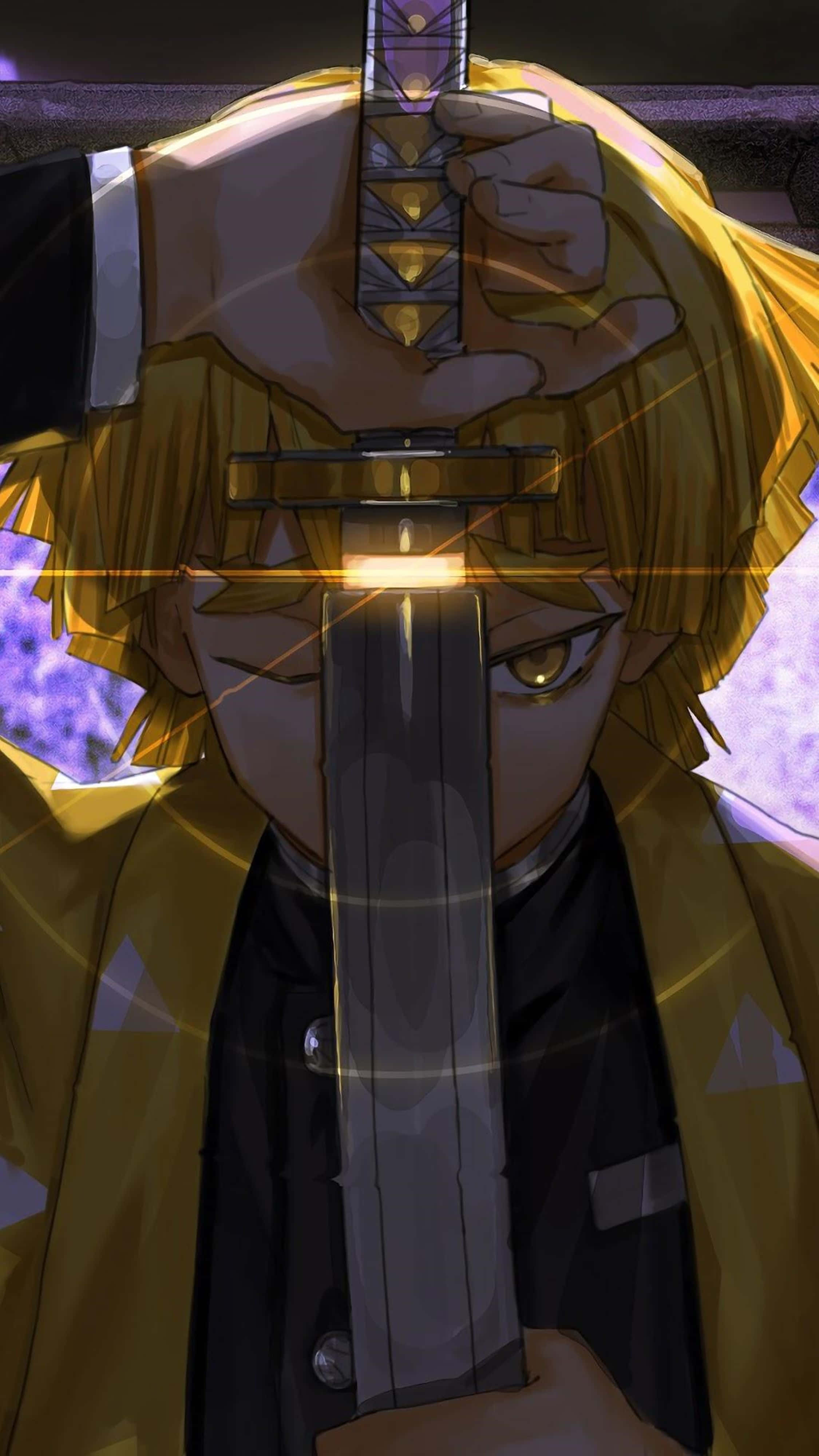 Demon Slayer Zenitsu wat 'n swaard dra 4K Muurpapier