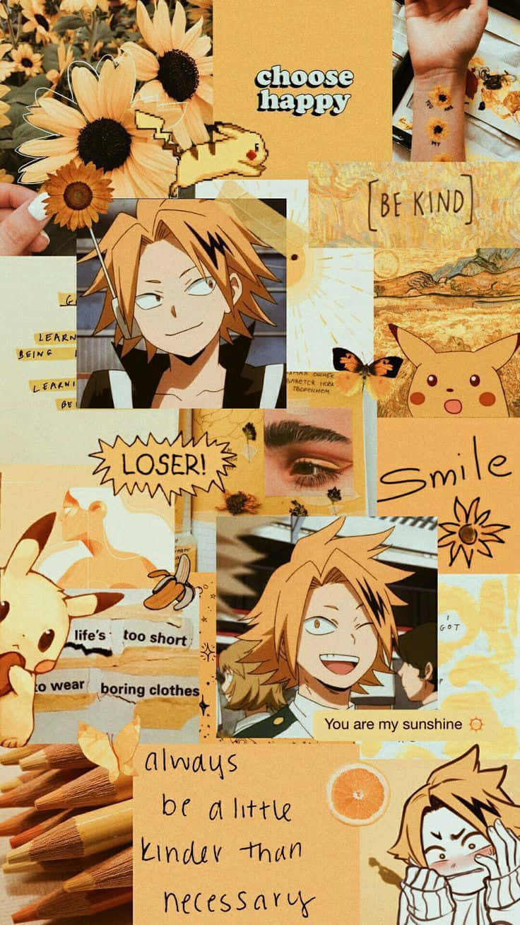 Denki Kaminari op 'n Estetiese Geel Collage Plakkaat Muurpapier