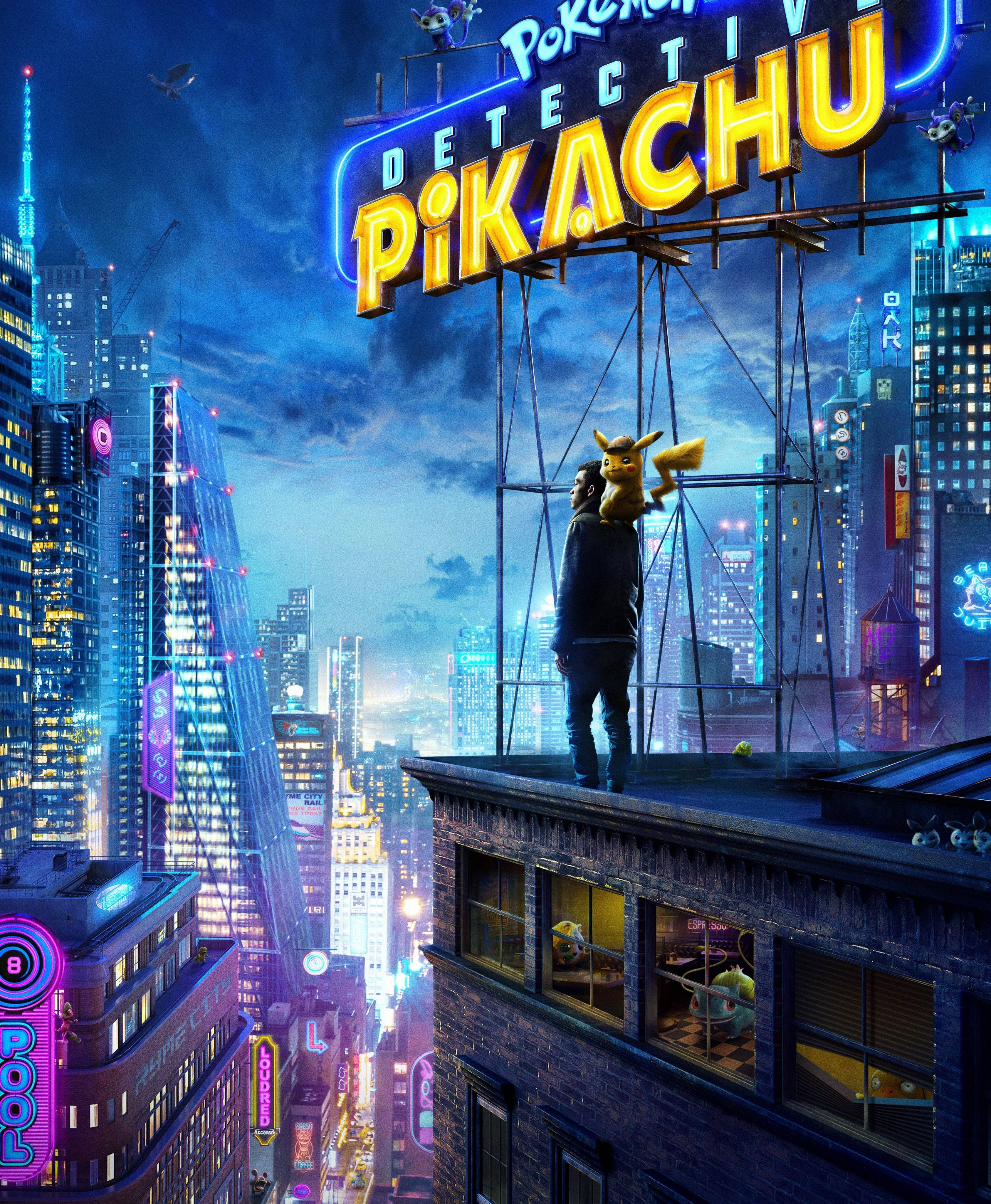 Detective Pikachu En Man Op Dak Muurpapier