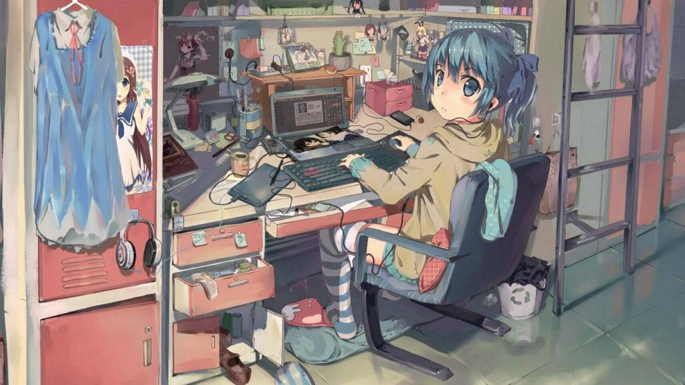 Deurmekaar Skootrekenaar-opstelling in Anime Muurpapier