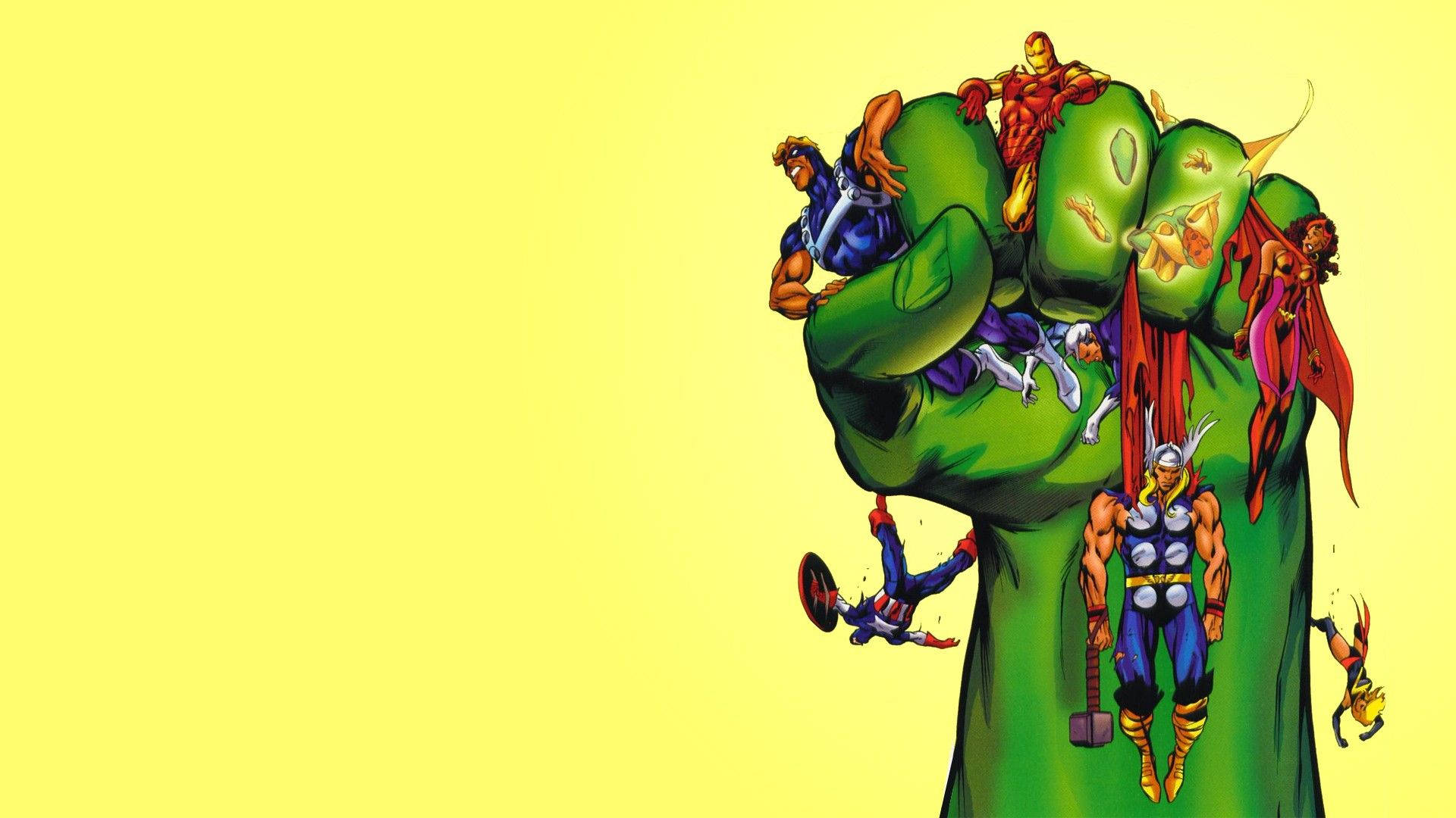 Marvel Hulk se groen reuse-hande wat ander superhelde vashou.