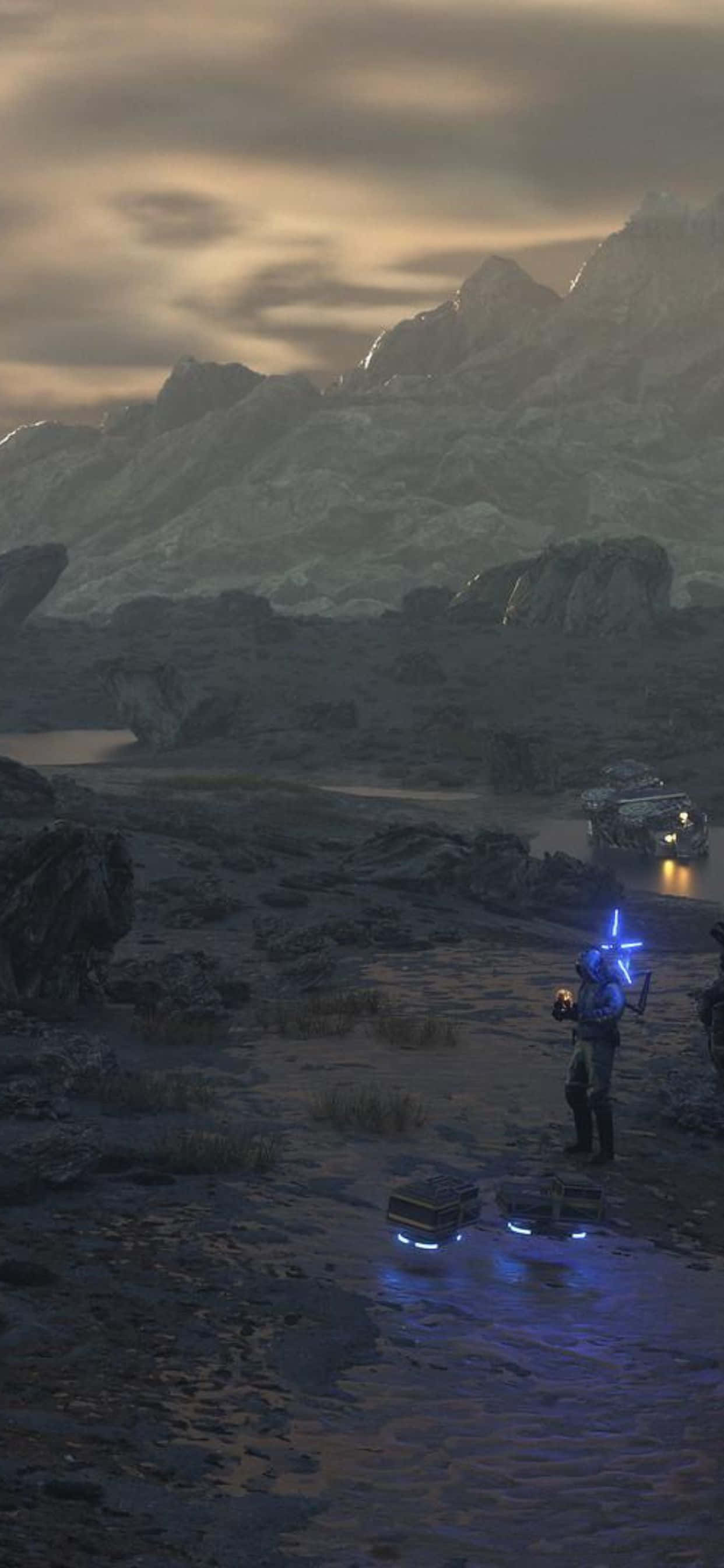 Die berugte toneel uit die hoogaangeskrewe videospeletjie: Death Stranding vir iPhone XS Max. Muurpapier