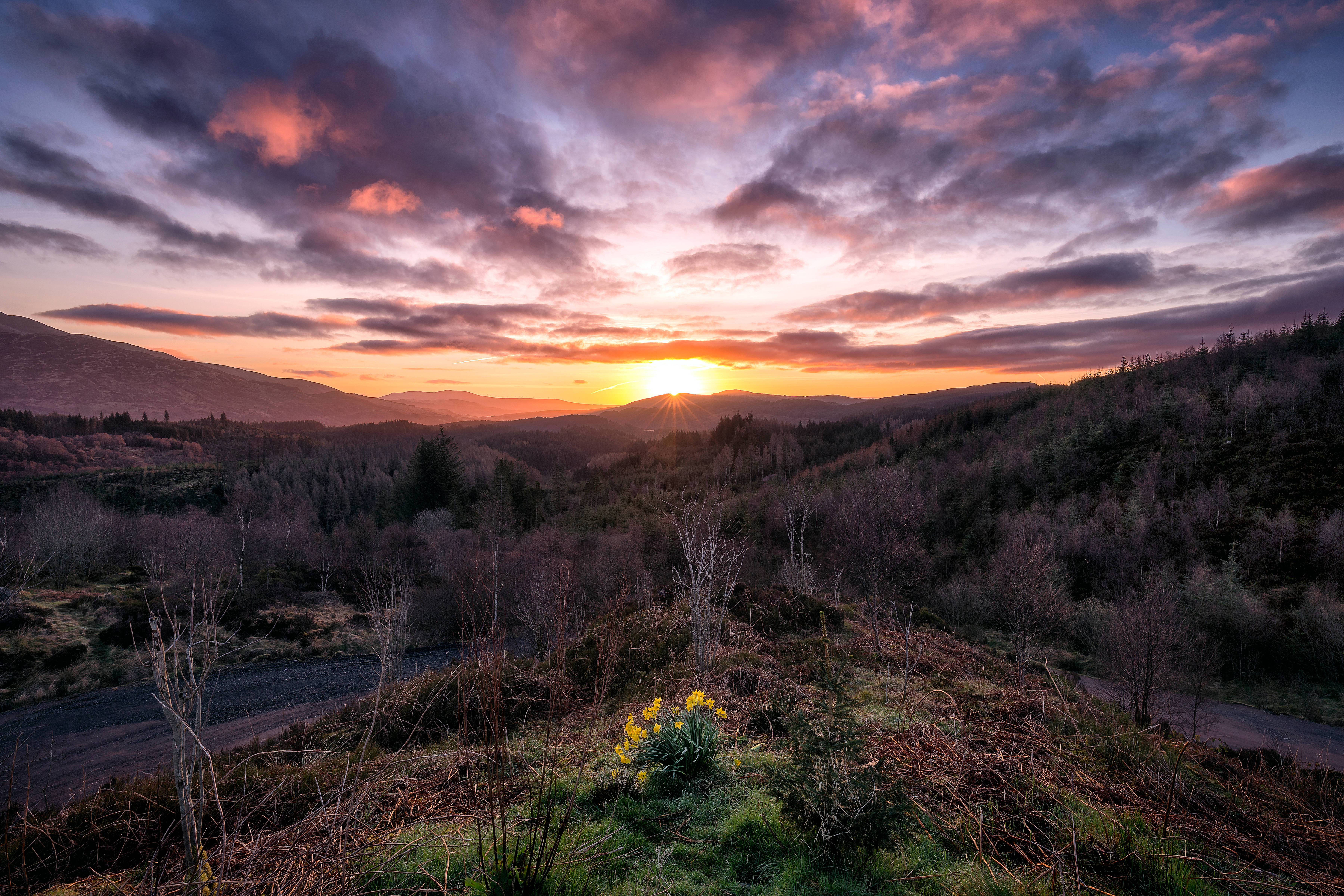 Die Betowerende Sonsopkoms van die Trossachs Park in Skotland Muurpapier