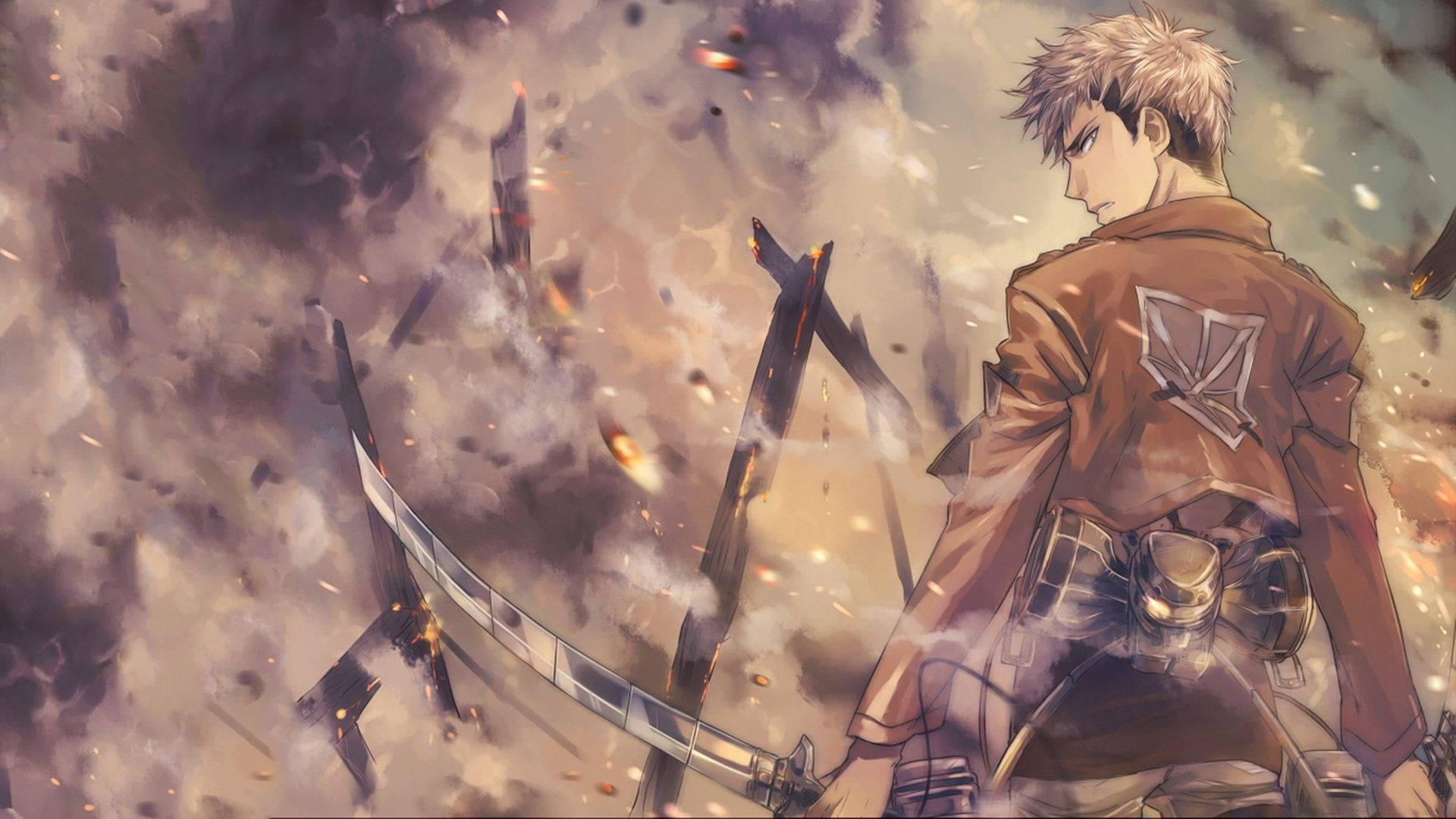 Jean Kirstein in sy opleidingskorps-uniform te midde van walms rook in Attack On Titan aanhanger-kuns-agtergrond. — Attack On Titan Muurpapier