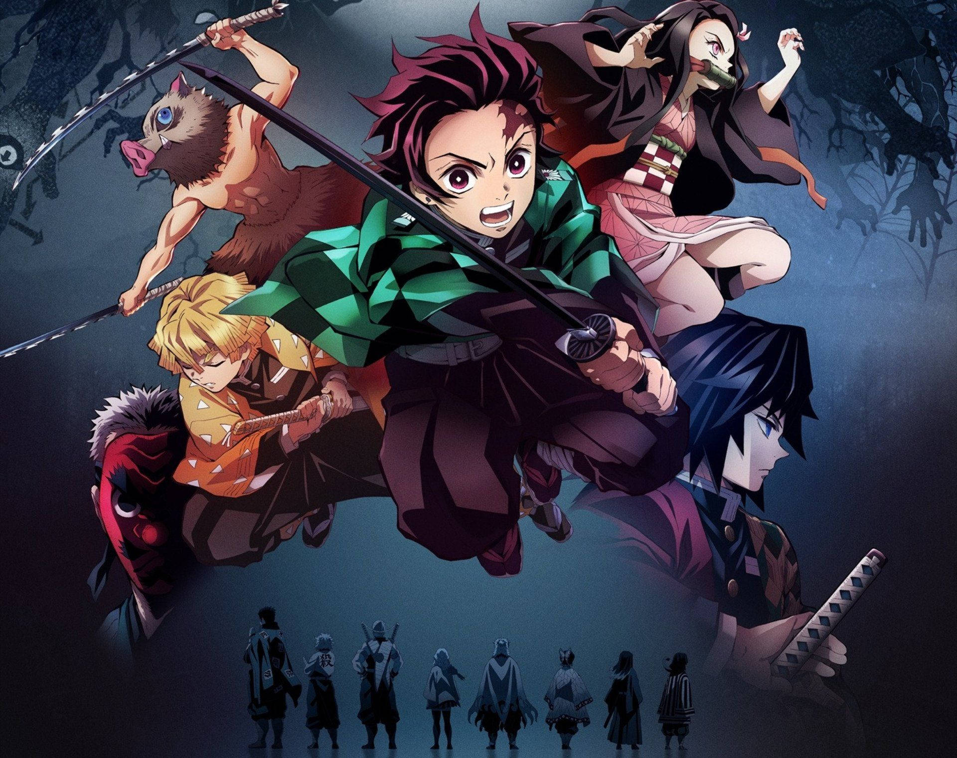 Demon Slayer-agtergrond van Tanjiro saam met Nezuko en Hashiras. — Demon slayer 4K GIF Muurpapier