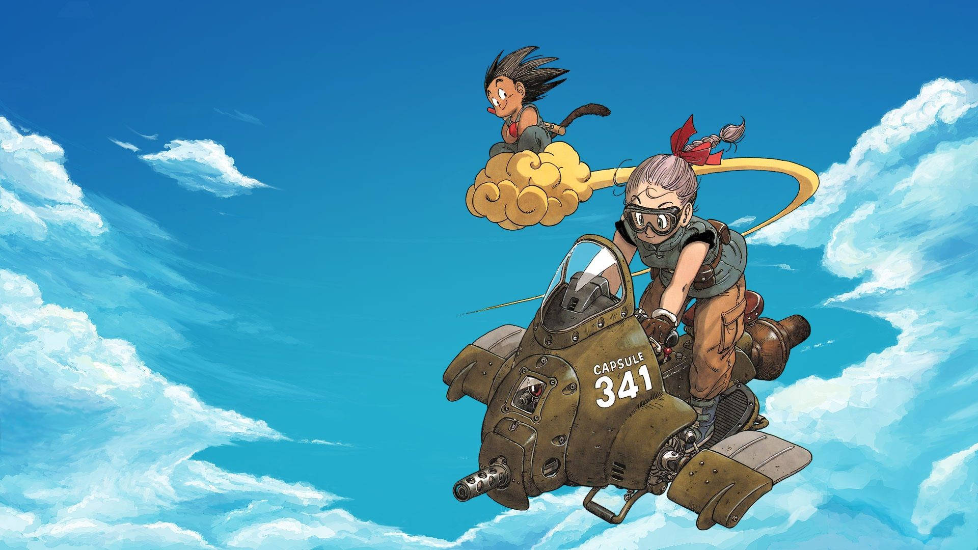 Dragon Ball Z Goten en Pan wat 'n vlieënde voertuig bestuur terwyl Goten op 'n vlieënde wolk ry. — Dragon ball super GIF Muurpapier