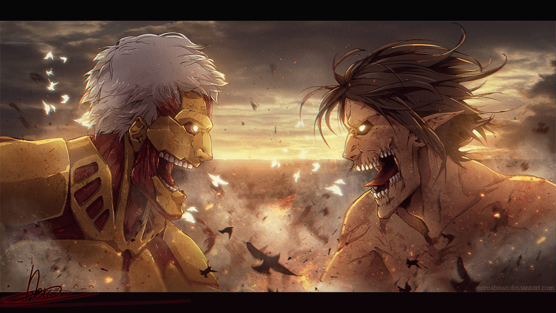 Gepantserde Titaan wat die Aanvaltitaan in die gesig staar tydens die Slag van Shiganshina in Attack on Titan-agtergrond. — Attack On Titan Muurpapier