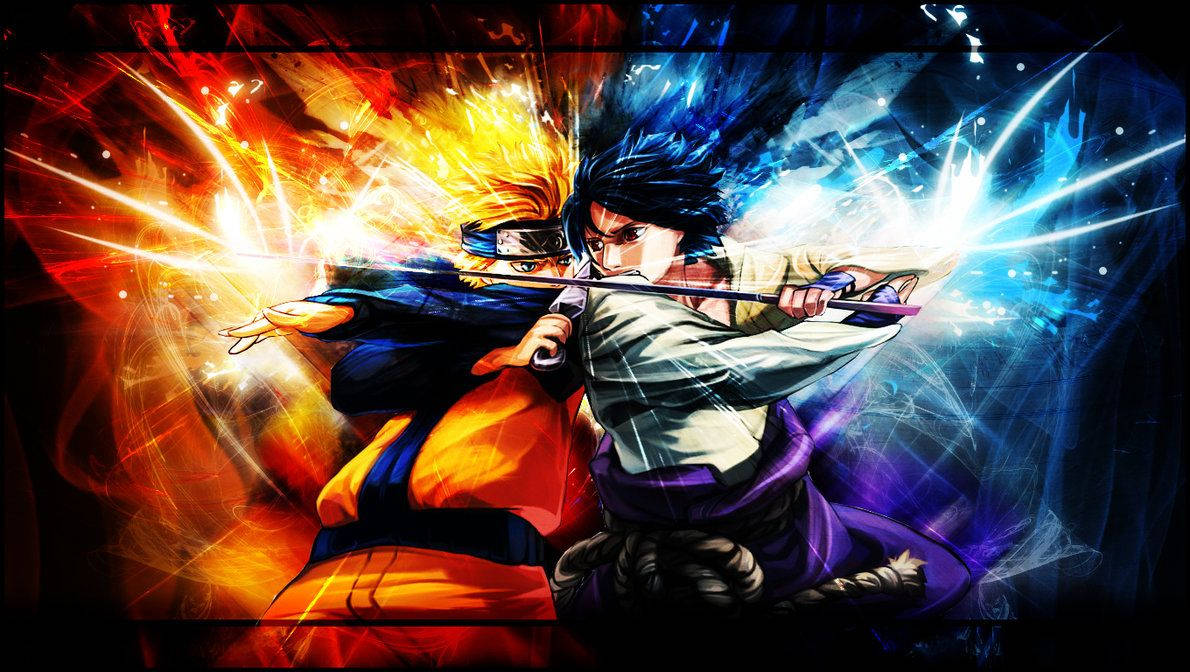 Naruto Uzumaki teenoor Sasuke Uchiha van die Blaarvillage gereed vir geveg.