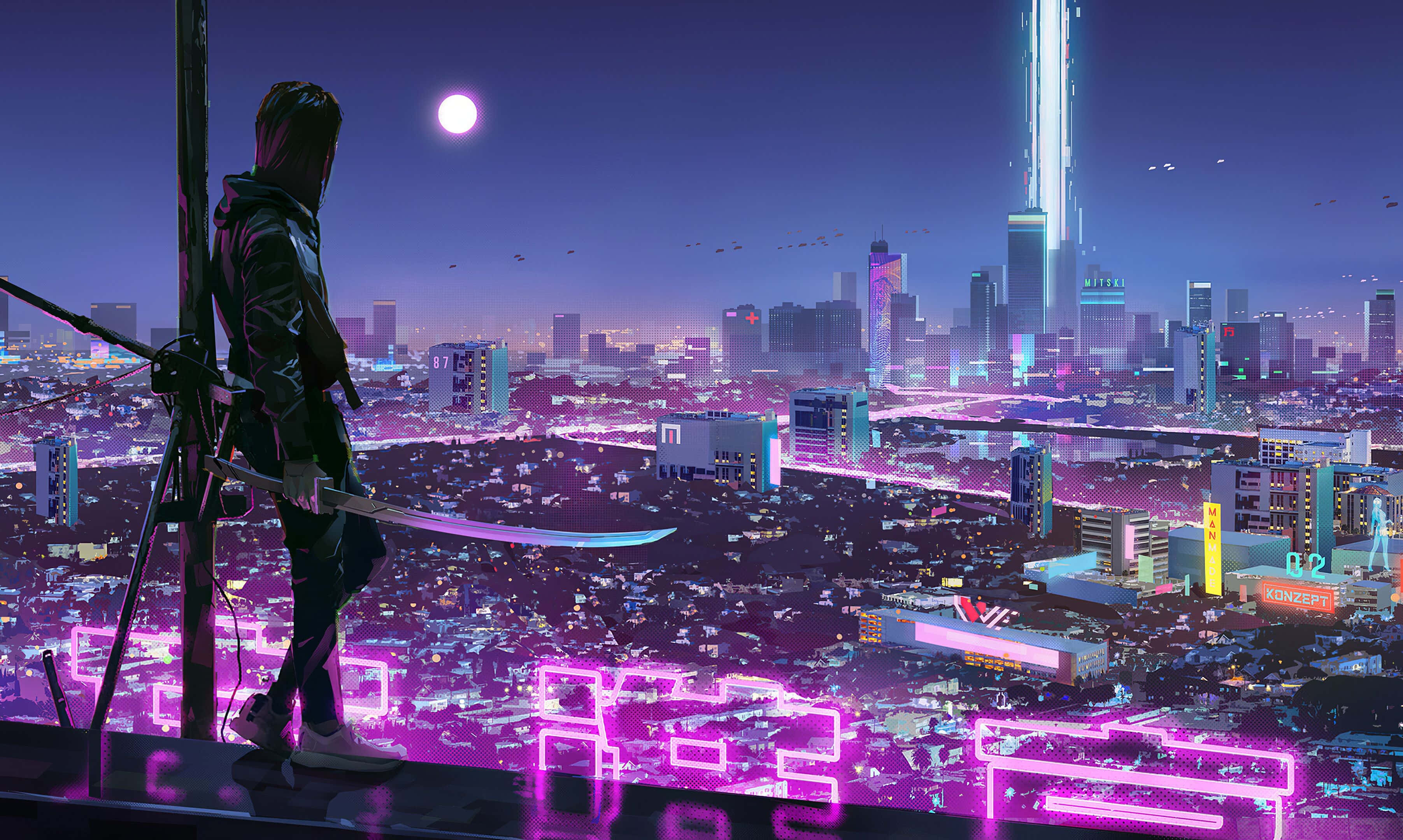 “Die Gloeiende Stad van Neon City” Muurpapier