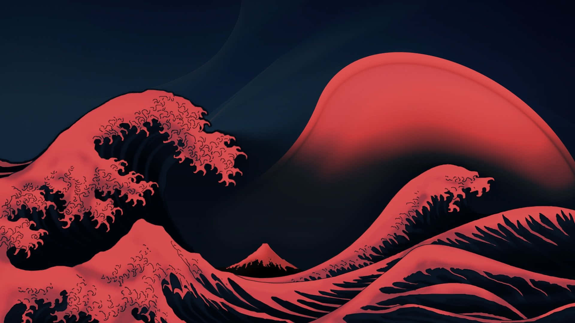 Die Groot Golf van Kanagawa Donkerrooi Estetika Muurpapier