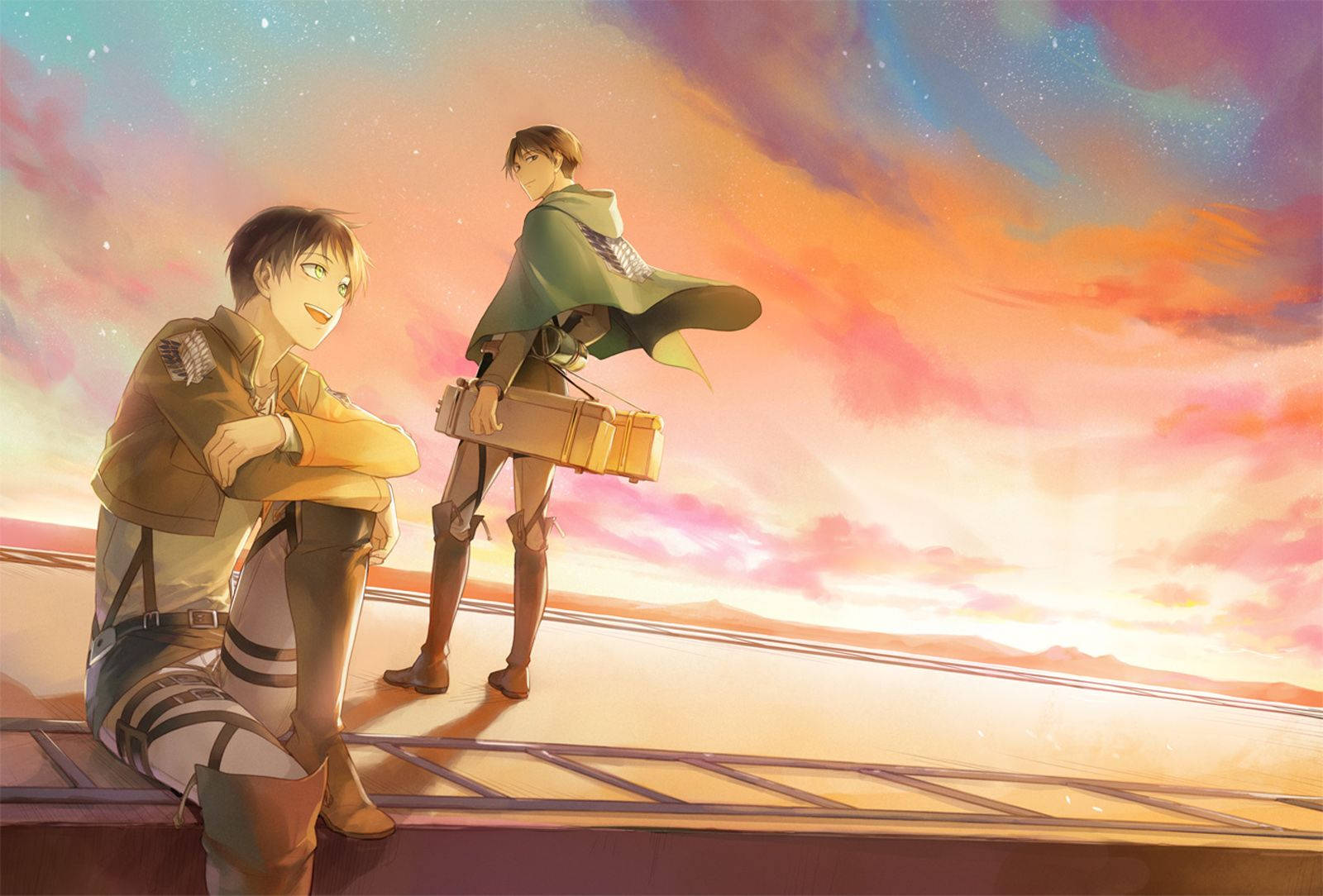 Die heldhaftige duo, Eren en Levi, van Attack on Titan neem 'n oomblik te midde van 'n sterrenag. Muurpapier