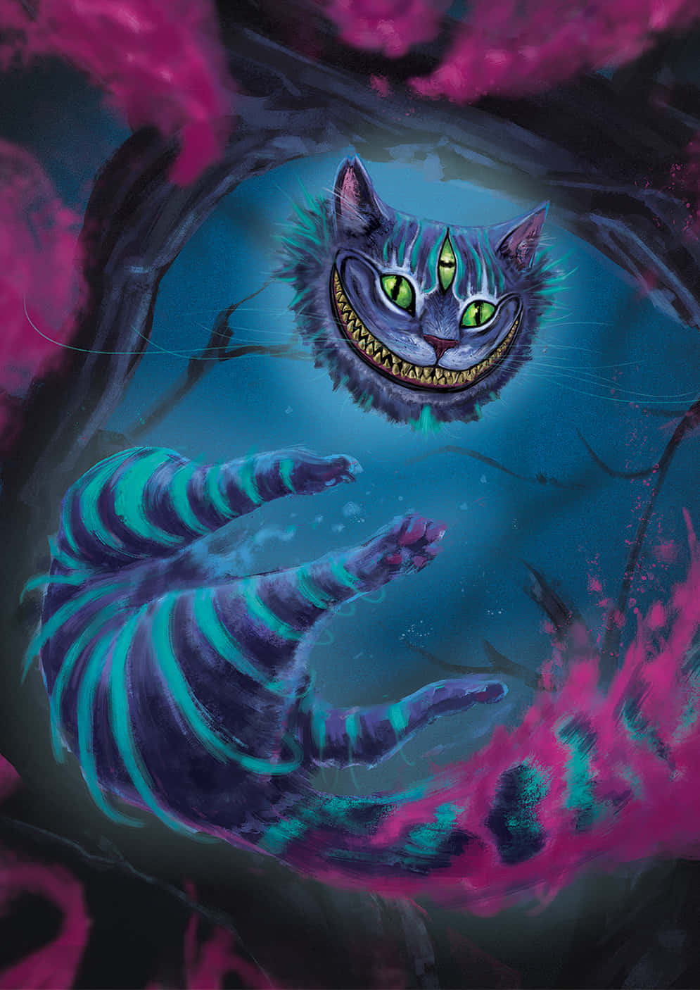 Die ikoniese Cheshire-kat, met sy ondeunde glimlag, is 'n klassieke karakter uit die Alice in Wonderland-verhale. Muurpapier