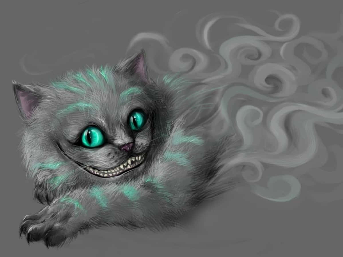 Die ikoniese Cheshire-kat grynsluik ondeund, wat die verhoog vir 'n meeslepende avontuur stel. Muurpapier