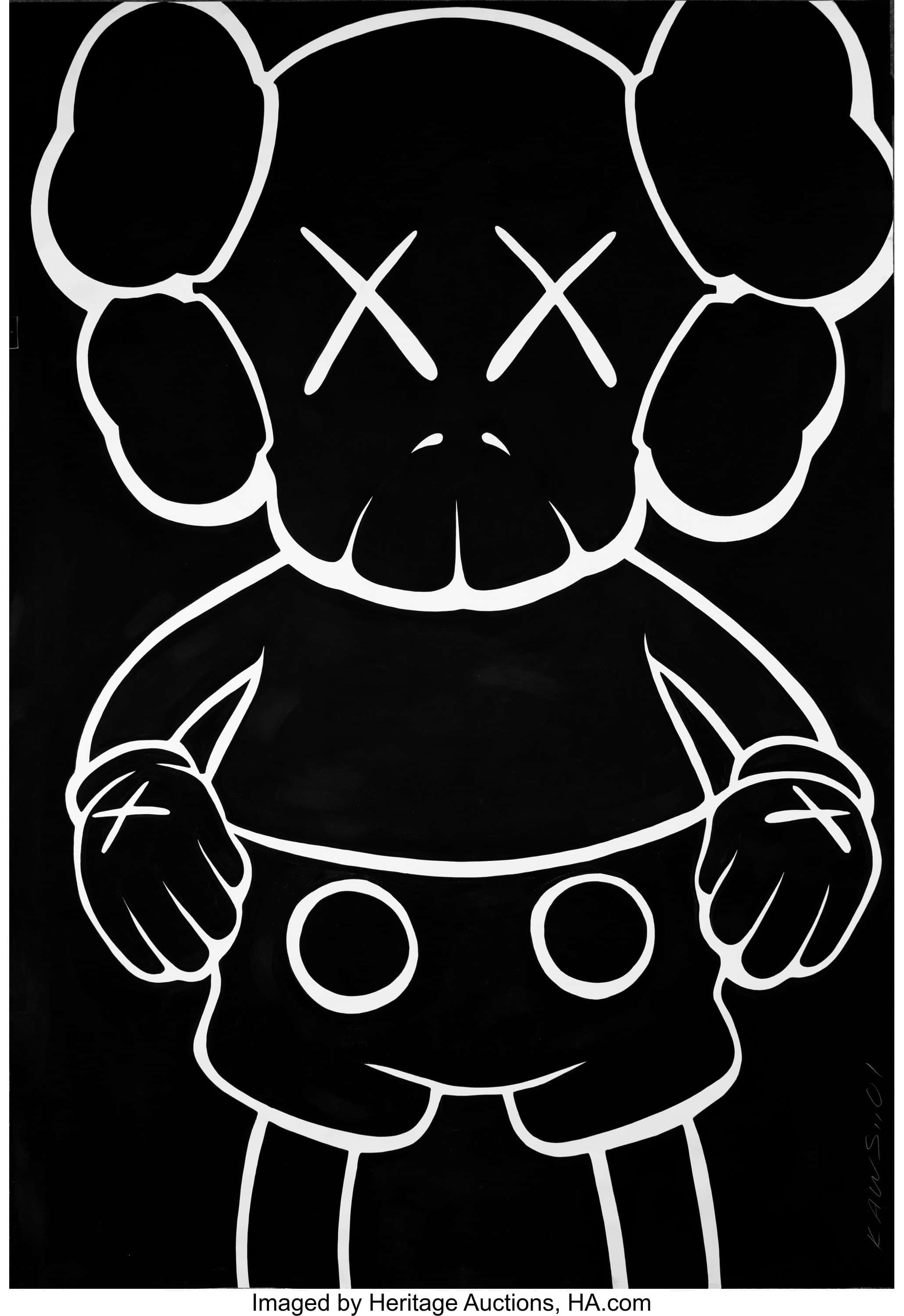 Die ikoniese KAWS Companion-karakter wat opkyk teen 'n blou lug Muurpapier